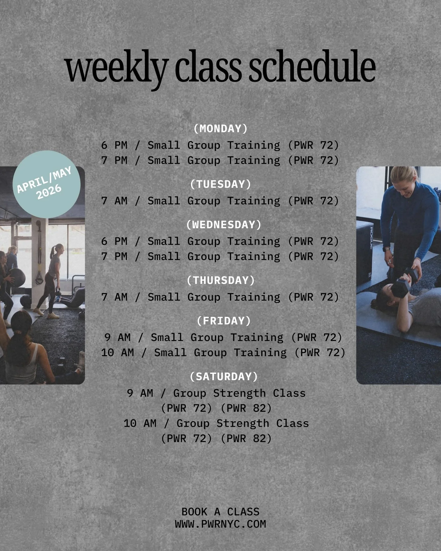 Welcome to our full opening schedule! 
All 1:1, duet, and private group sessions are by appointment.
Small Group Training is filling up fast. Some slots have just one spot left so grab yours soon!
Group Strength kicks off this Saturday, drop in and s