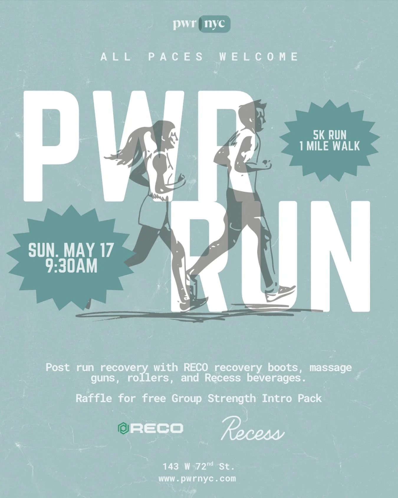 PWR Run Club is this Sunday and we have some fun additions! 
Don&rsquo;t want to run? Join our walk group! 
Enjoy our post run recovery setup with @get.reco and @takearecess !! 
Lastly, we will be doing a raffle for an intro Group Strength 3-pack. Re