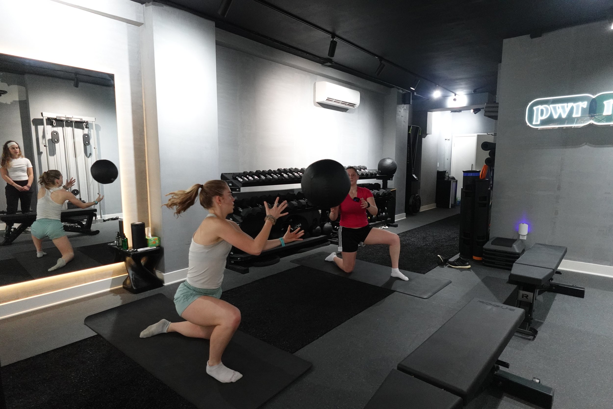 Two women doing a duet personal training session and having fun. They are in a clean, professional, private boutique personal training gym. Led by an expert coach.