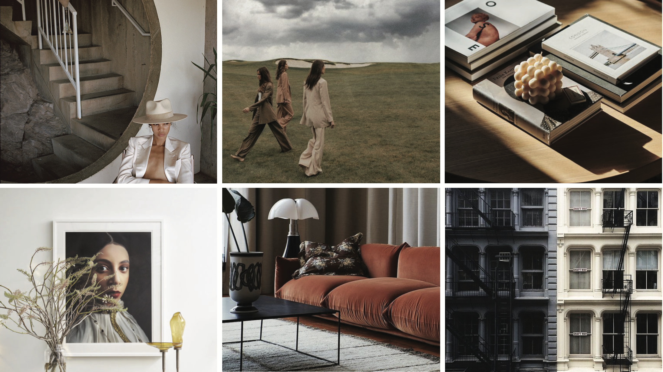 A collage of six interior and outdoor scenes, including a woman wearing a hat and blazer sitting by stairs, three women walking across a field under cloudy sky, stacks of magazines with candles and decor on a table, a framed portrait of a woman with a vase and plant in front, a living room with an orange velvet sofa, lamp, and curtains, and an apartment building with fire escapes.