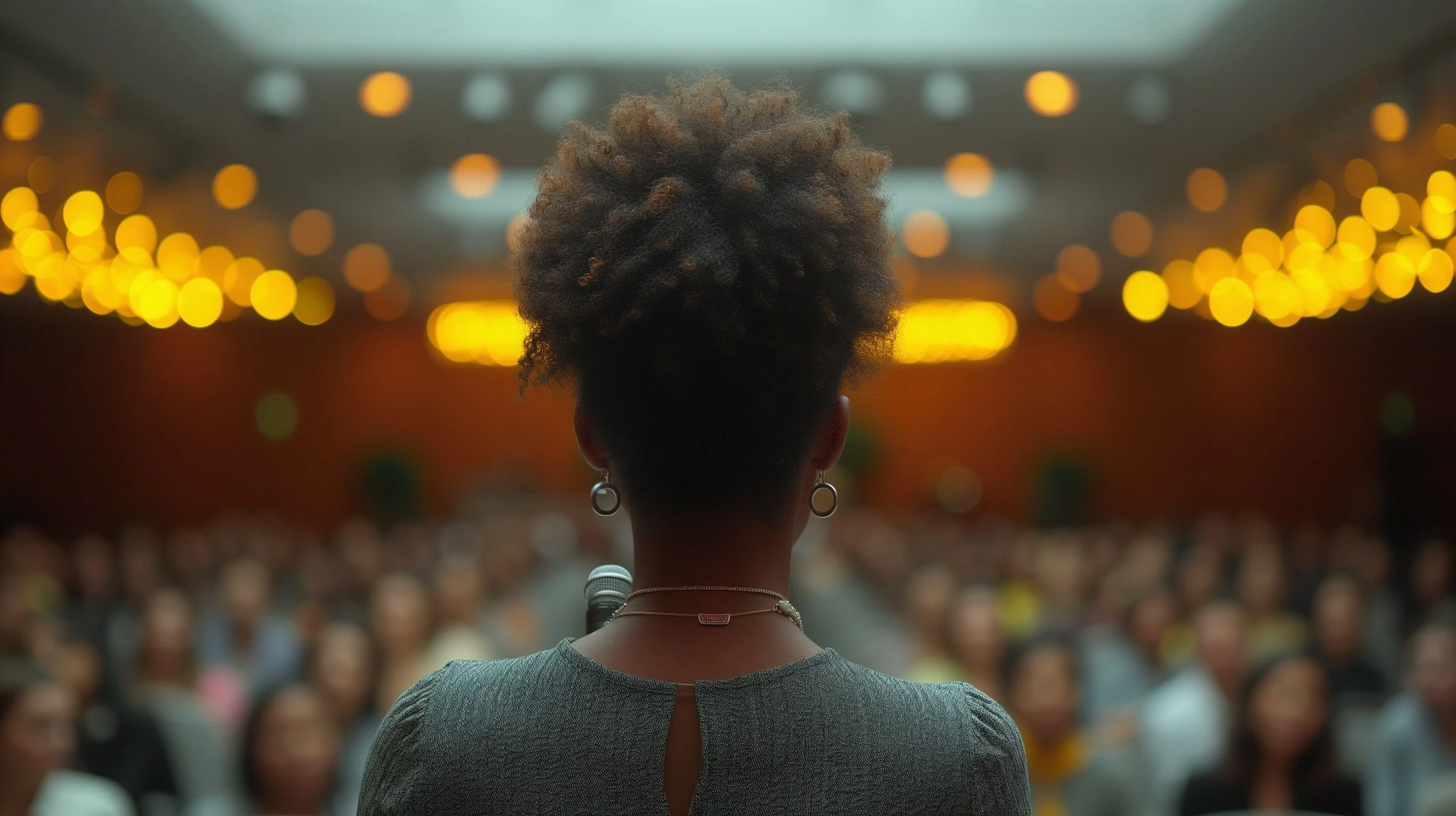 Back view of a woman speaking at a conference or event with a microphone, audience in the background, blurred lights overhead.