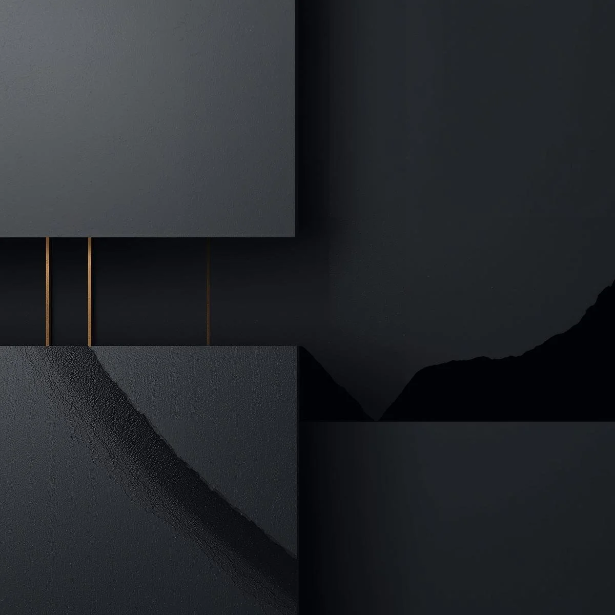 Close-up of a modern, minimalist black and dark gray geometric design with textured surfaces, gold accents, and a mountain landscape in the background.