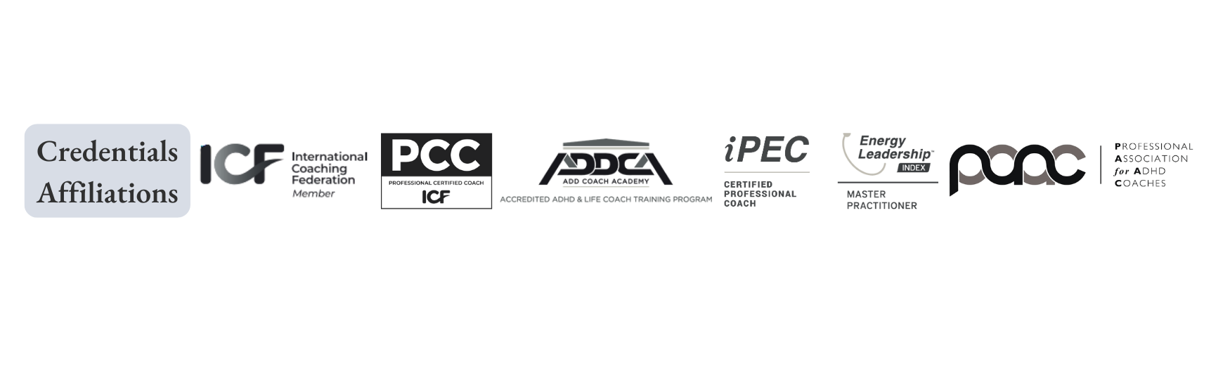 A digital badge with the text 'Credentials' and 'Affiliations' on a gray background, featuring logos including PCC, APEC, and others.