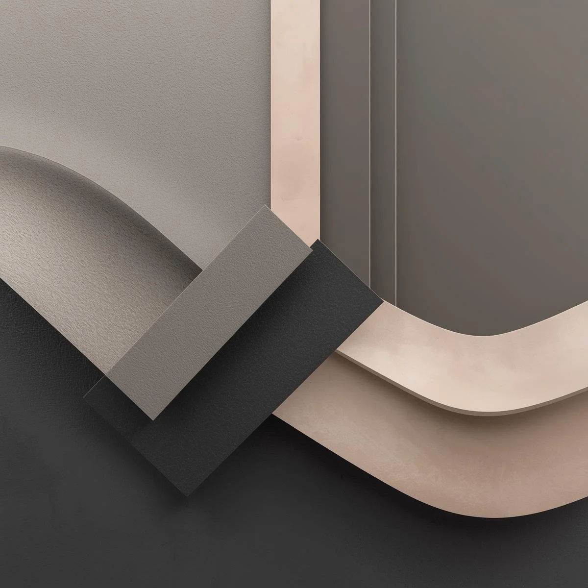 Abstract composition of layered geometric shapes in shades of gray, beige, and black, with curved and straight lines.