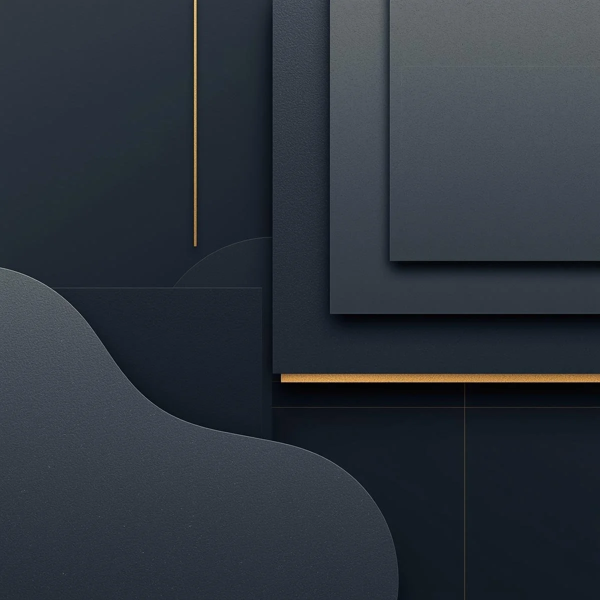 Close-up of layered matte dark gray and navy blue geometric panels with gold accents.