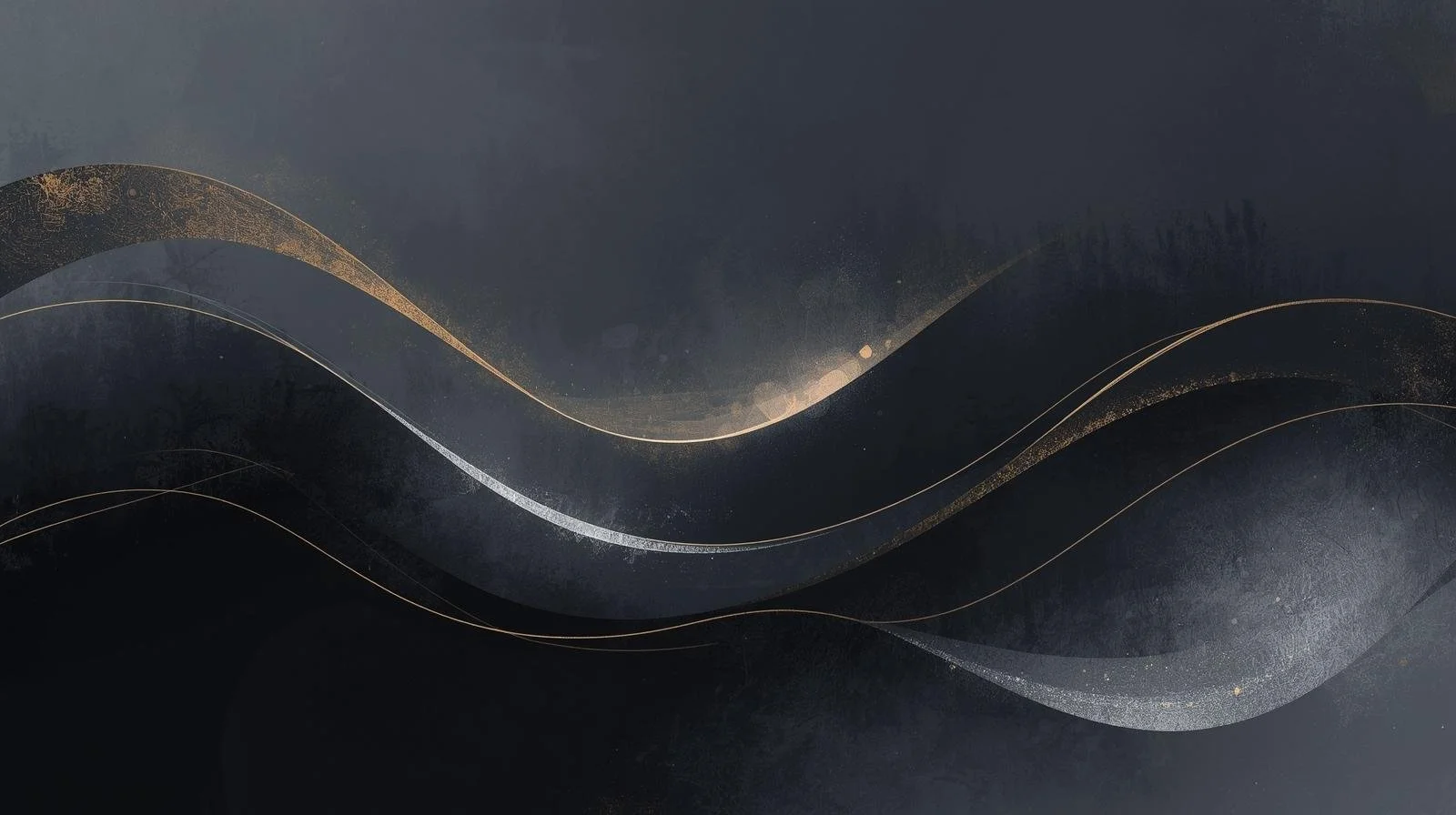 Abstract dark background with flowing curved lines in shades of gold, silver, and black.