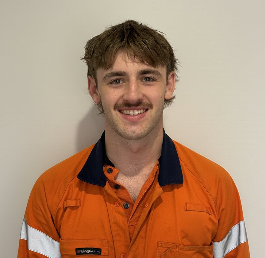 Young man wearing an orange safety uniform with navy collar, smiling, standing against a plain light-colored wall.