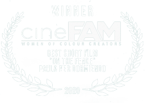 Award logo for CineFAM, Women of Color Creators, Best Short Film for 'On the Fence' by Paula Neri Dormiendo, 2020, with laurel wreath design.