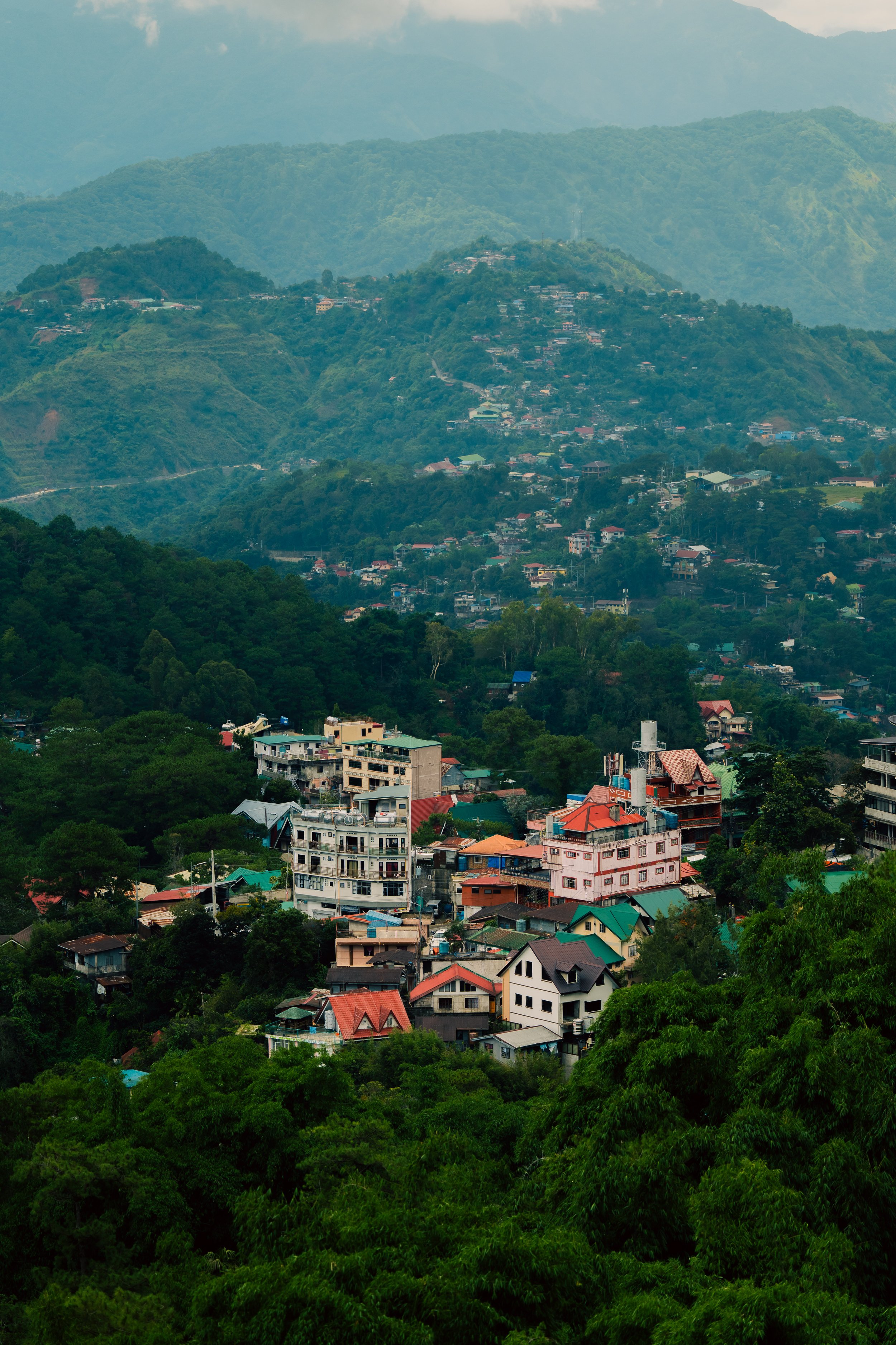 A green, hilly landscape with numerous residential houses and buildings among trees.
