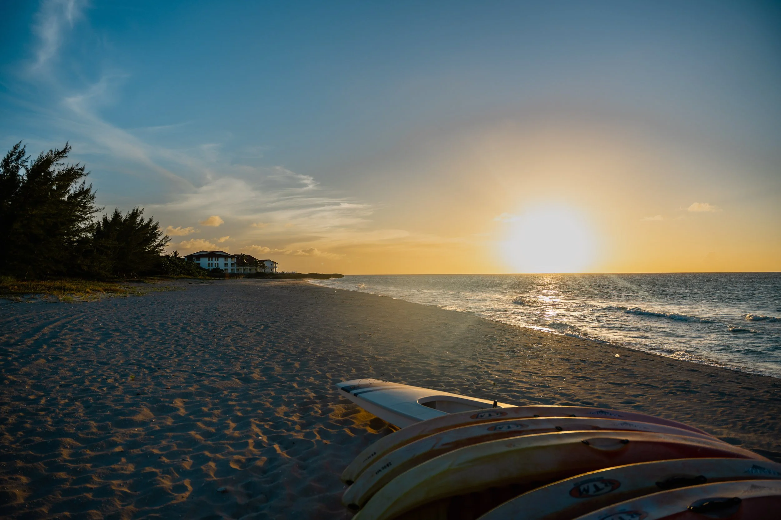 Sunset over the ocean at a sandy beach with paddleboards lying on the sand in the foreground, and residential buildings and trees along the shoreline.