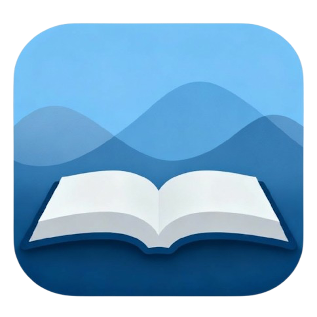 Icon of an open book with blue mountain silhouettes in the background.