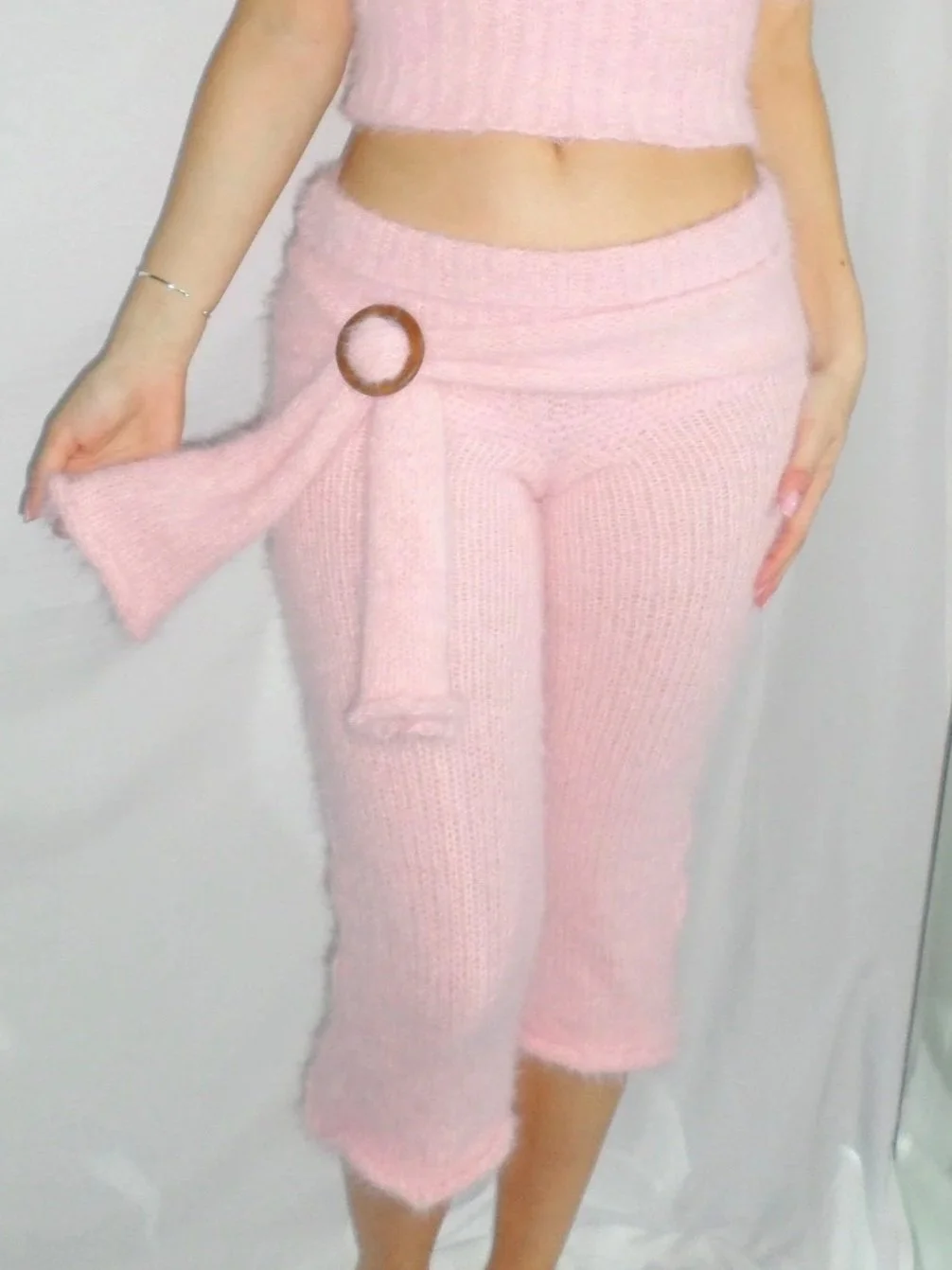 pink fuzzy capris with belt