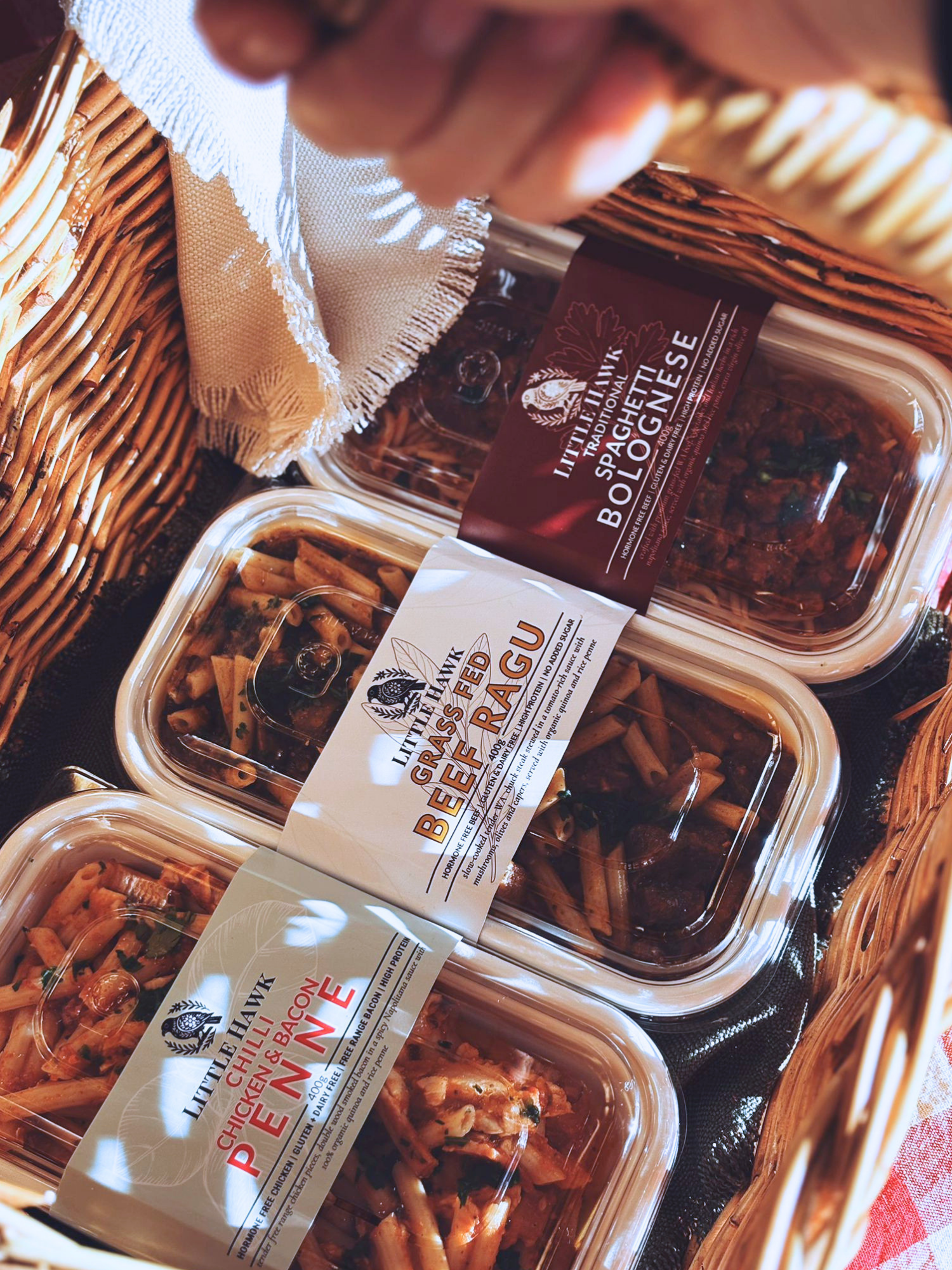 A basket of food, being held by a hand, with three ready made meals inside.