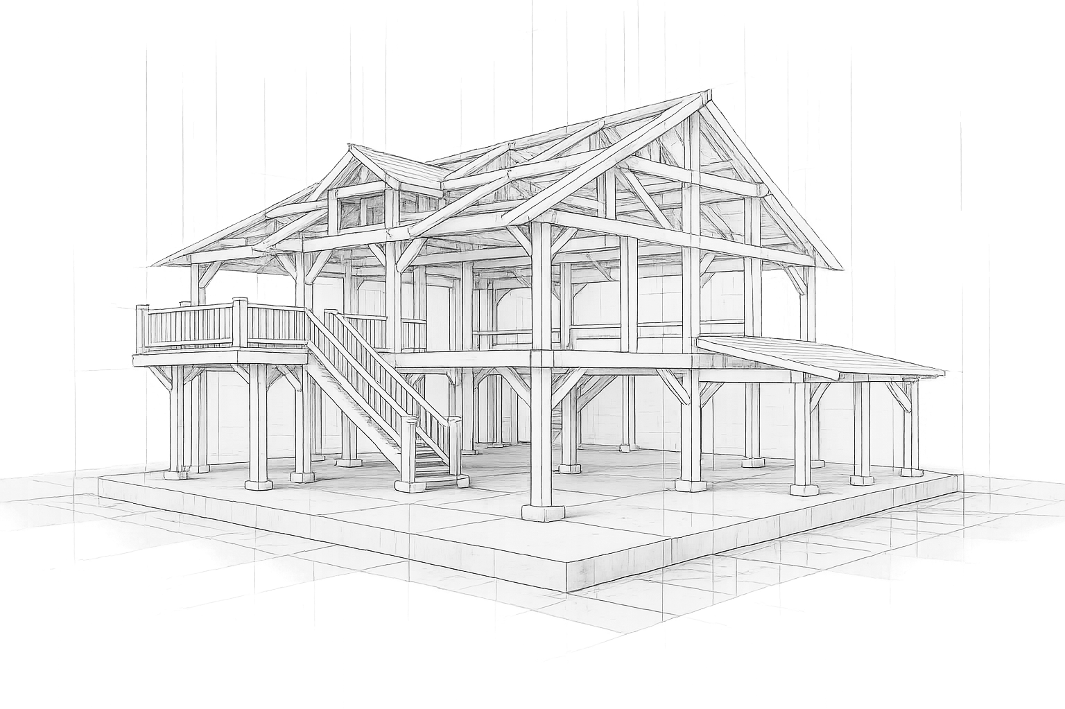 Architectural drawing of a two-story wooden house with exposed beams, stairs, and a spacious balcony, shown in a sketch style.