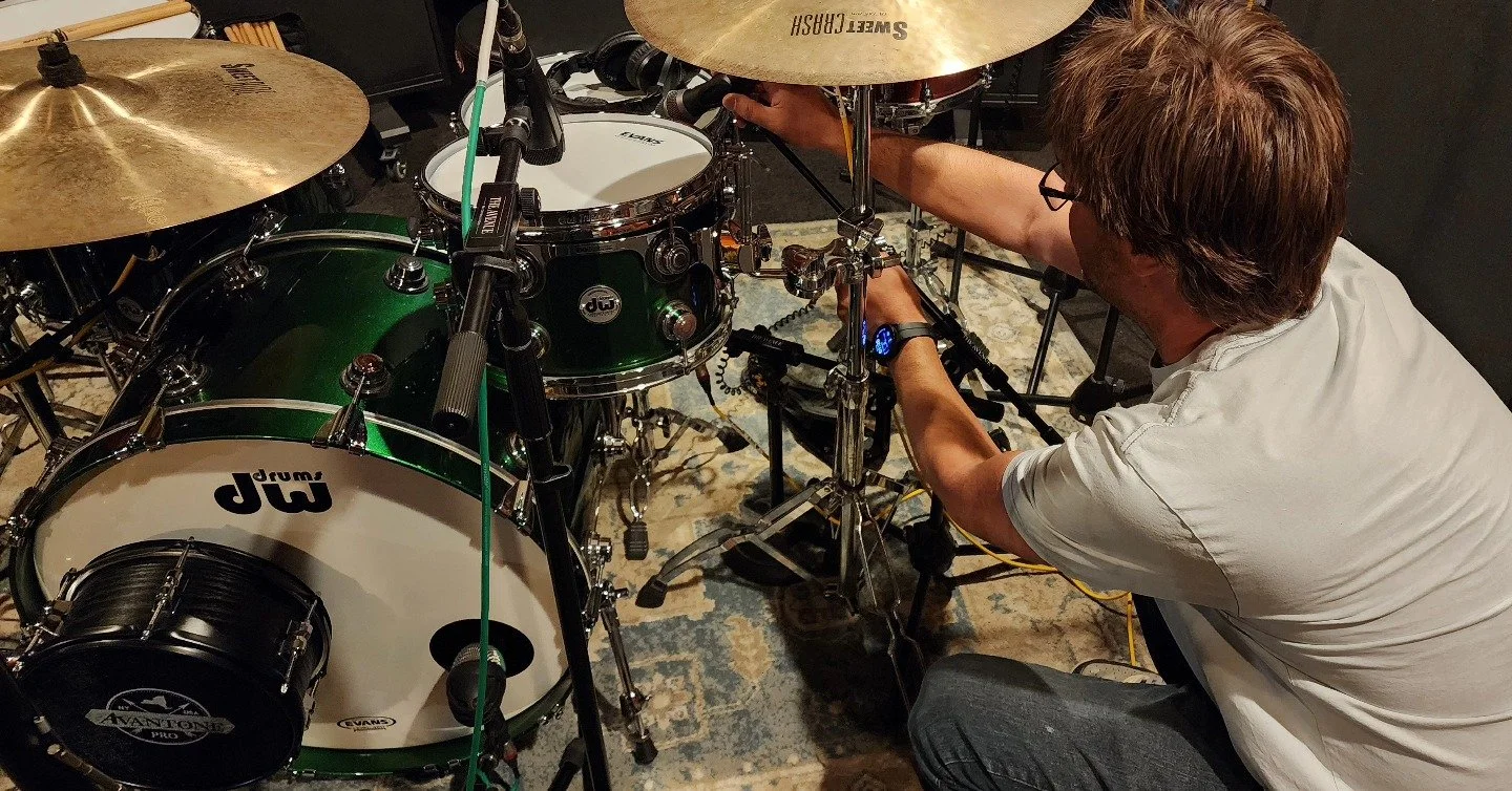 Close up of drum kit microphones