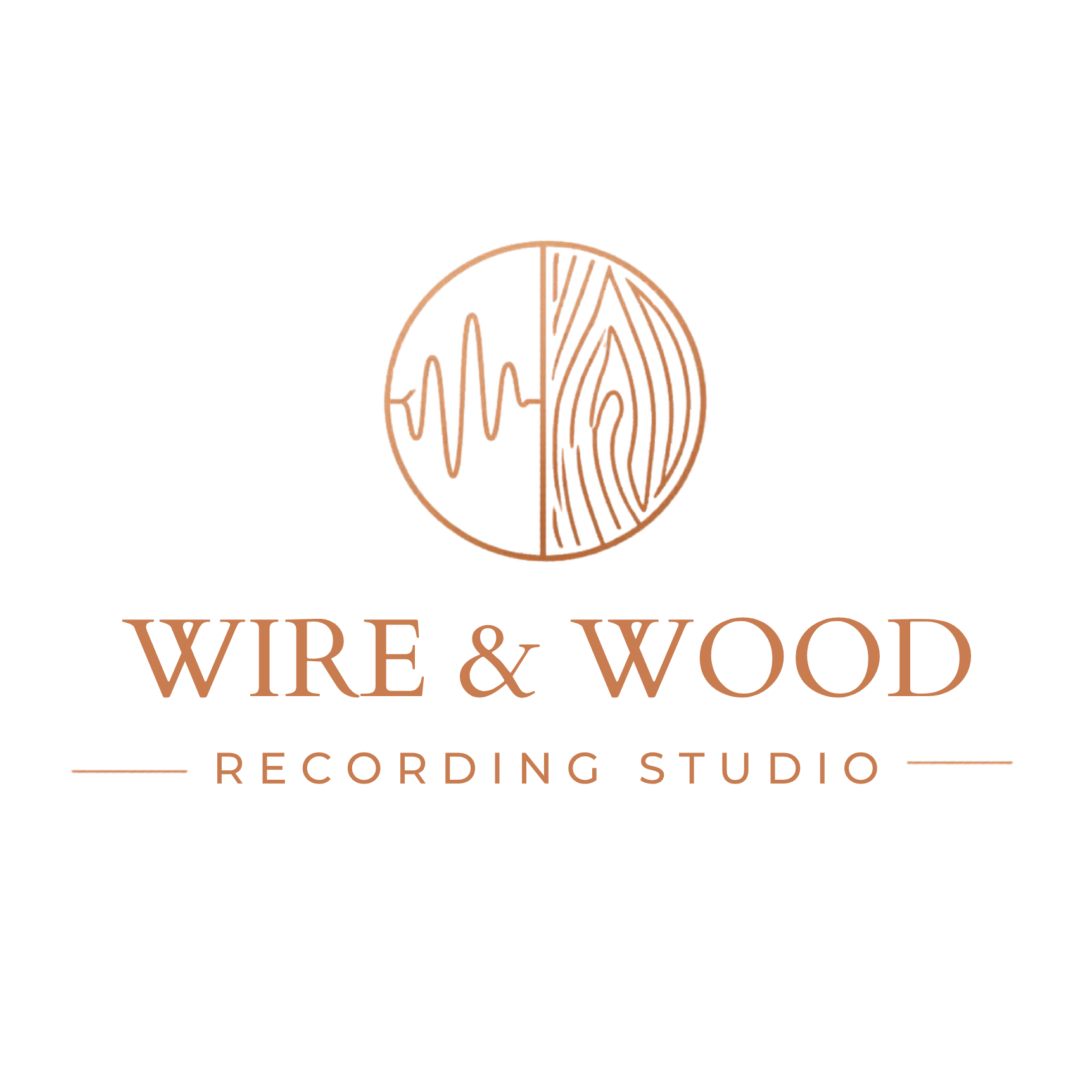 Logo for Wire and Wood recording studio), featuring a circular emblem.