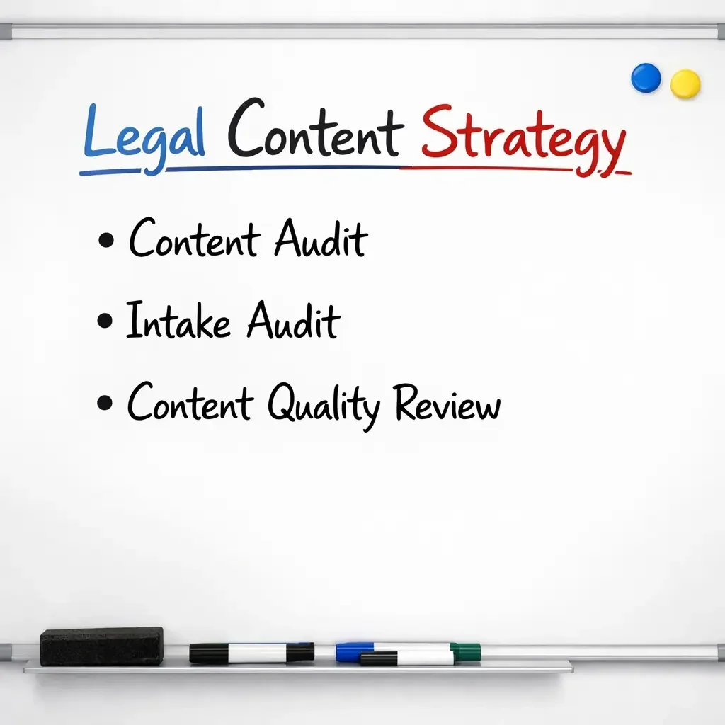 Whiteboard-style graphic illustrating legal content strategy with listed services including content audit, intake audit, and content quality review.