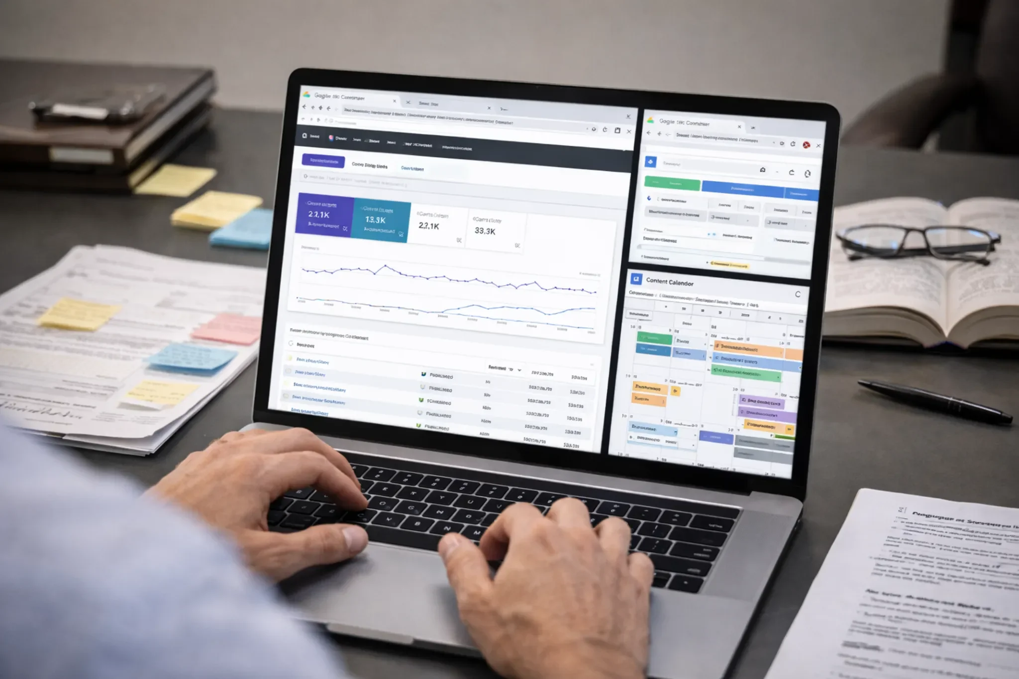 Person working on a laptop with multiple screens showing analytics, graphs, and calendars, surrounded by papers, notebooks, glasses, and a pen.