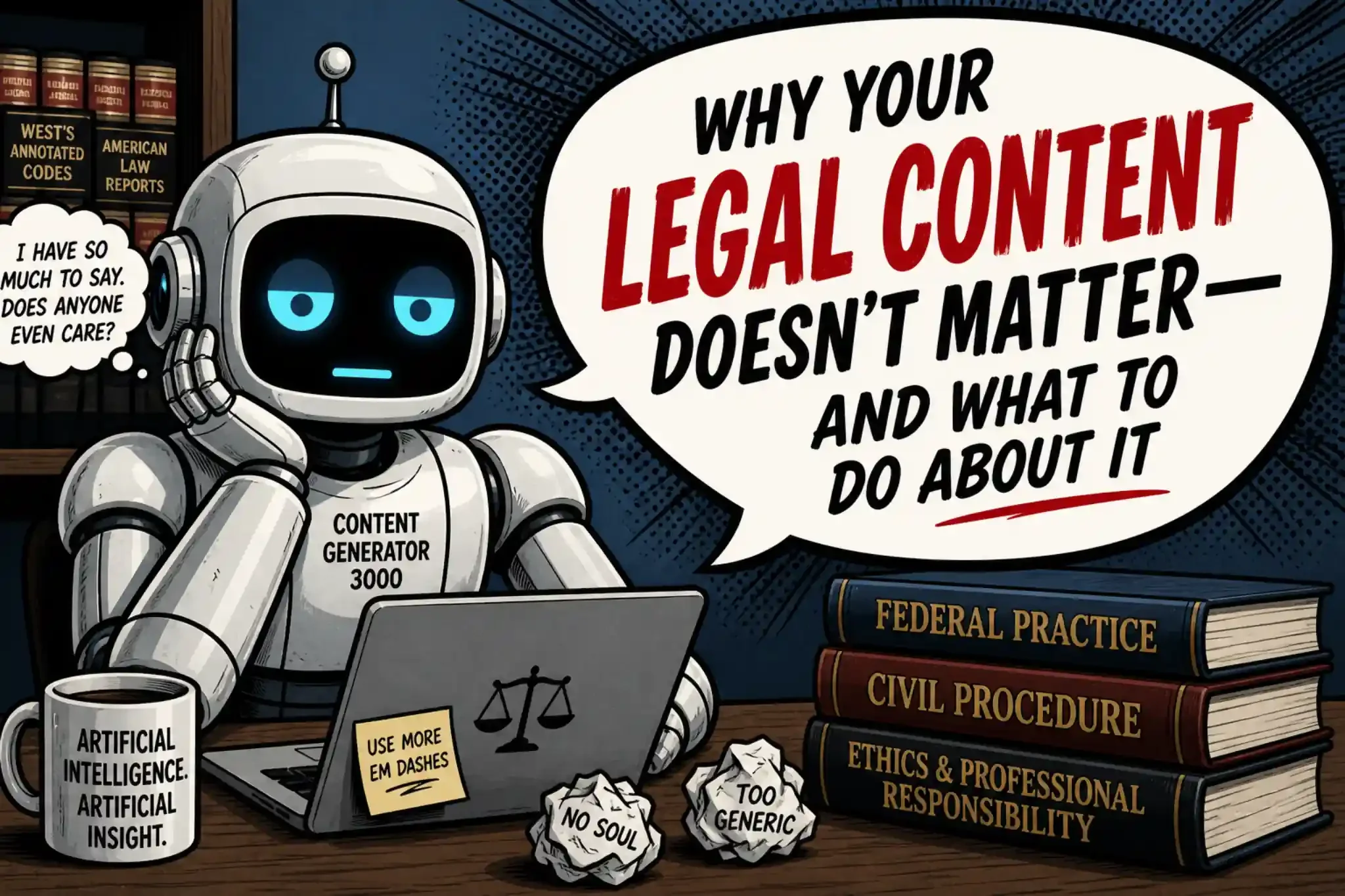 Cartoon robot labeled “Content Generator 3000” in a law office with a speech bubble reading “Why your legal content doesn’t matter—and what to do about it,” highlighting AI-generated legal writing.