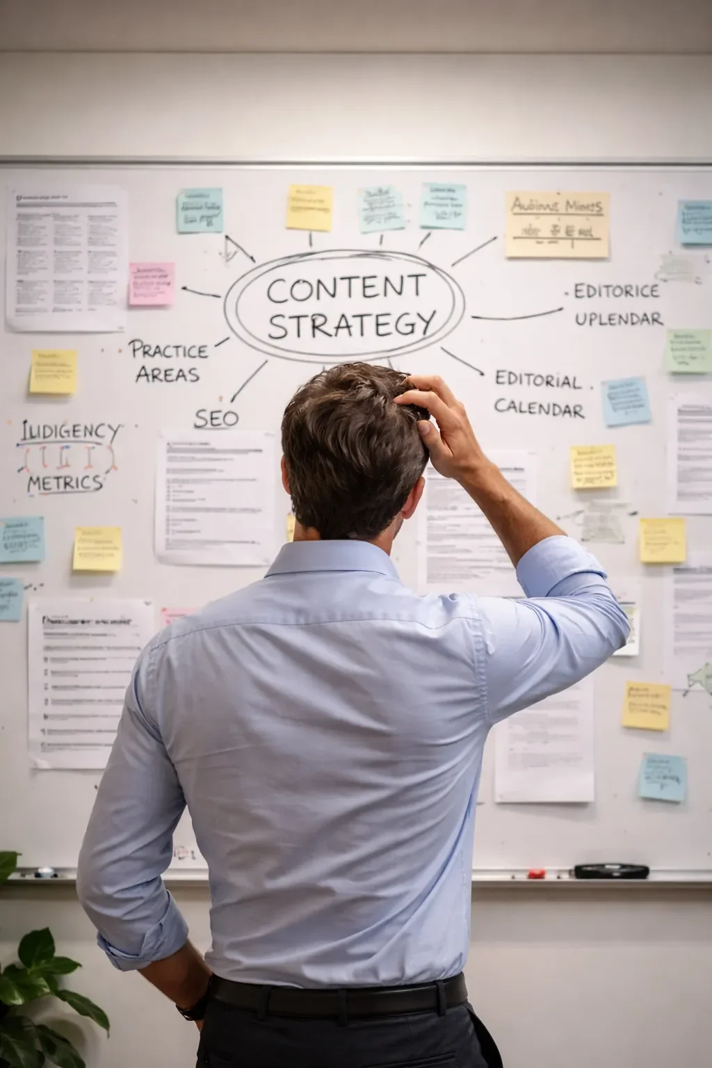 A man standing in front of a whiteboard filled with notes and diagrams, looking confused while scratching his head, focusing on a central topic labeled 'Content Strategy'.