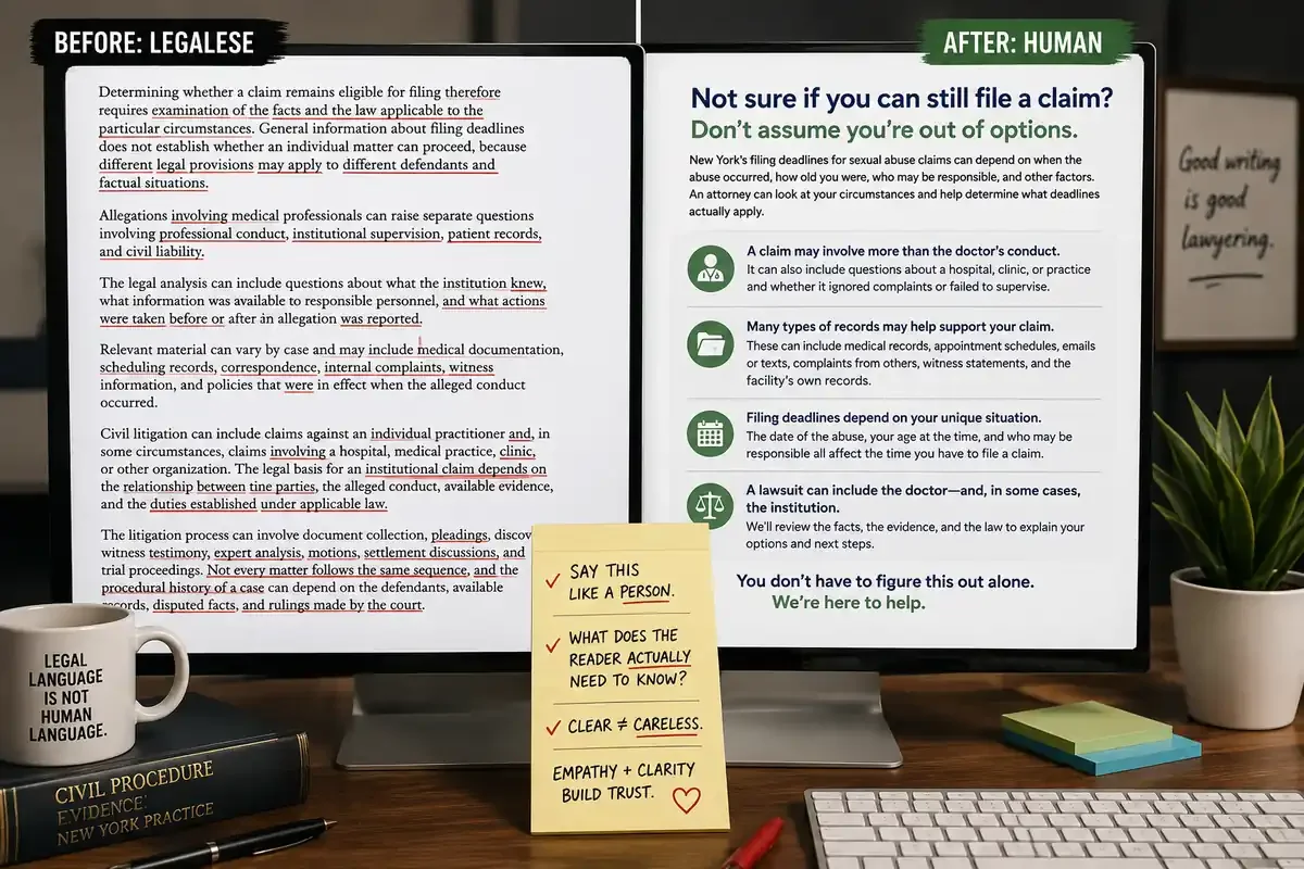 Before-and-after comparison of dense legalese and clear, survivor-centered legal content, showing how plain, compassionate language can make legal information easier to understand.
