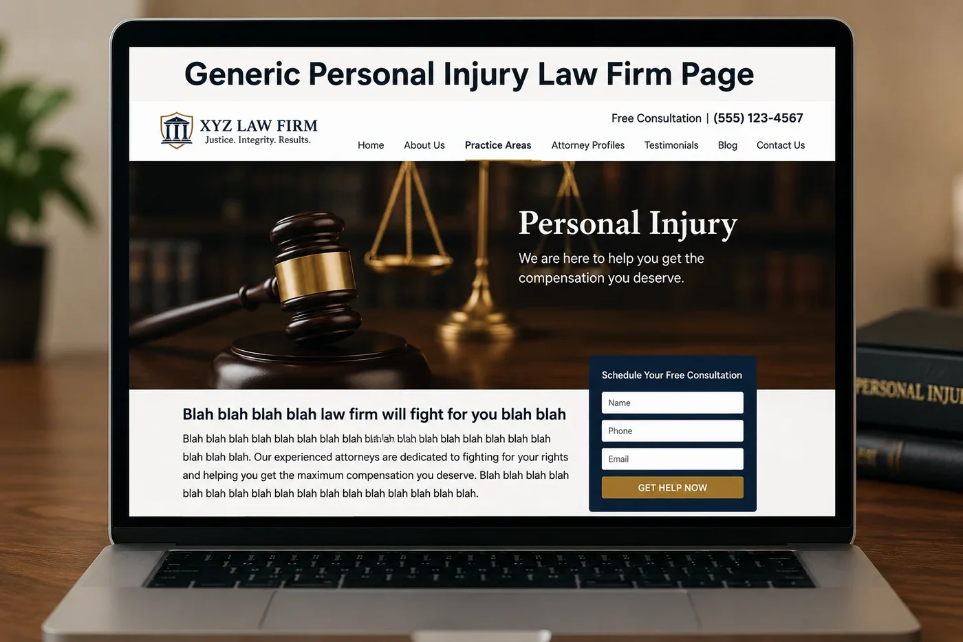 Laptop displaying a generic personal injury law firm webpage with a gavel, scales of justice, and repetitive promotional copy.