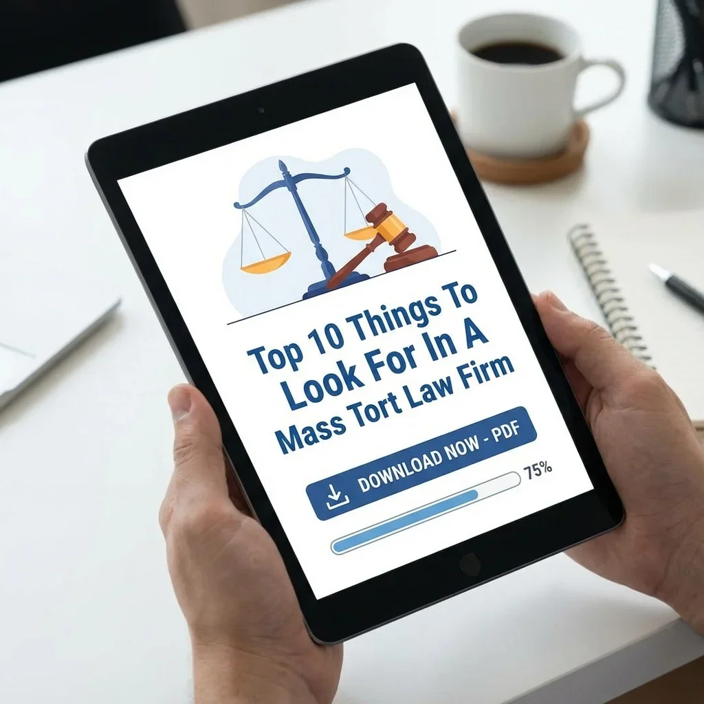 A person holding a tablet displays a guide titled "Top 10 Things To Look For In A Mass Tort Law Firm" with a download button and progress bar at 75%, featuring an illustration of a scale and gavel.