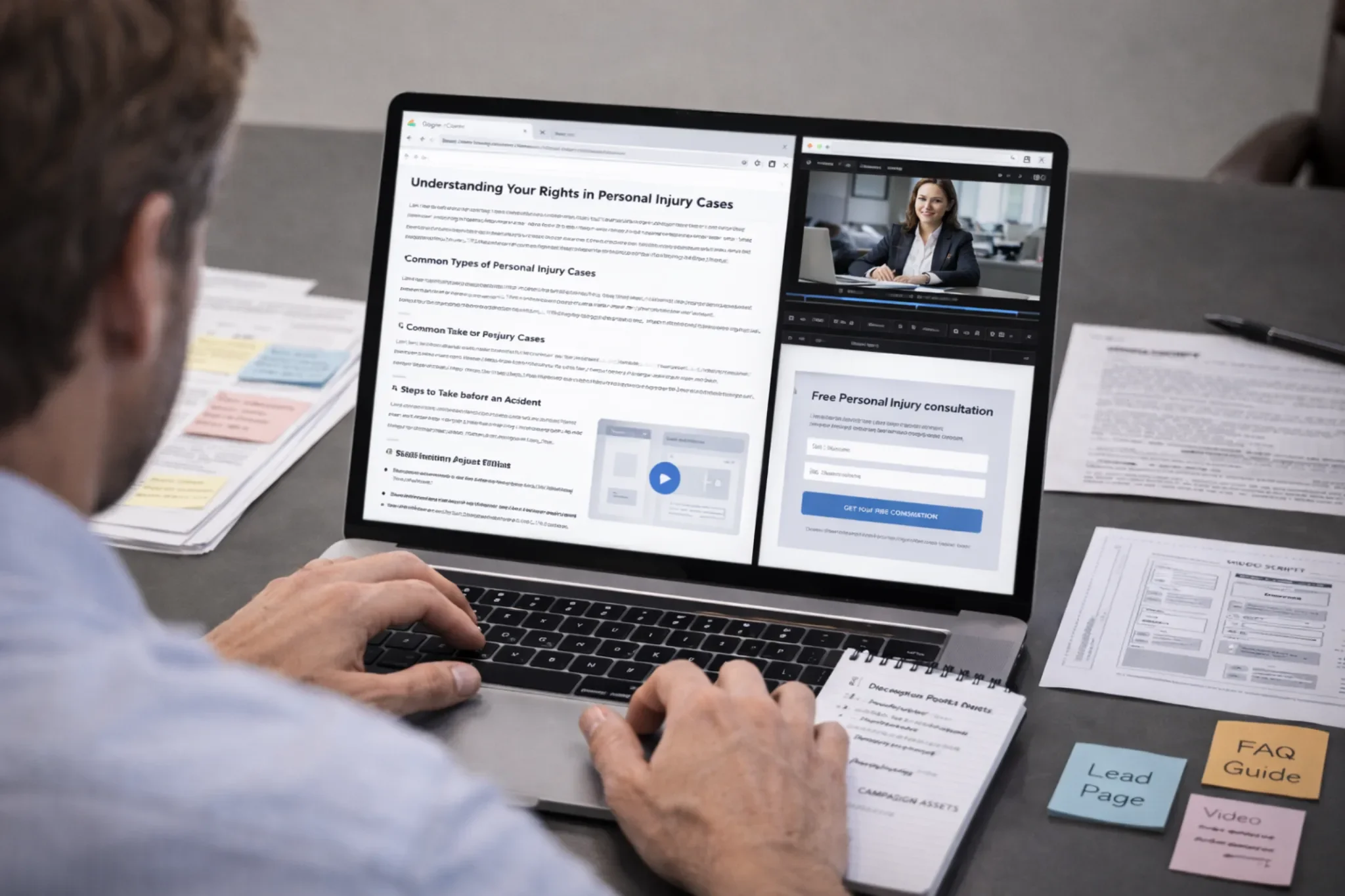 Person working on a laptop at a desk with documents, sticky notes, and a video call window open, focusing on online legal or injury consulting.