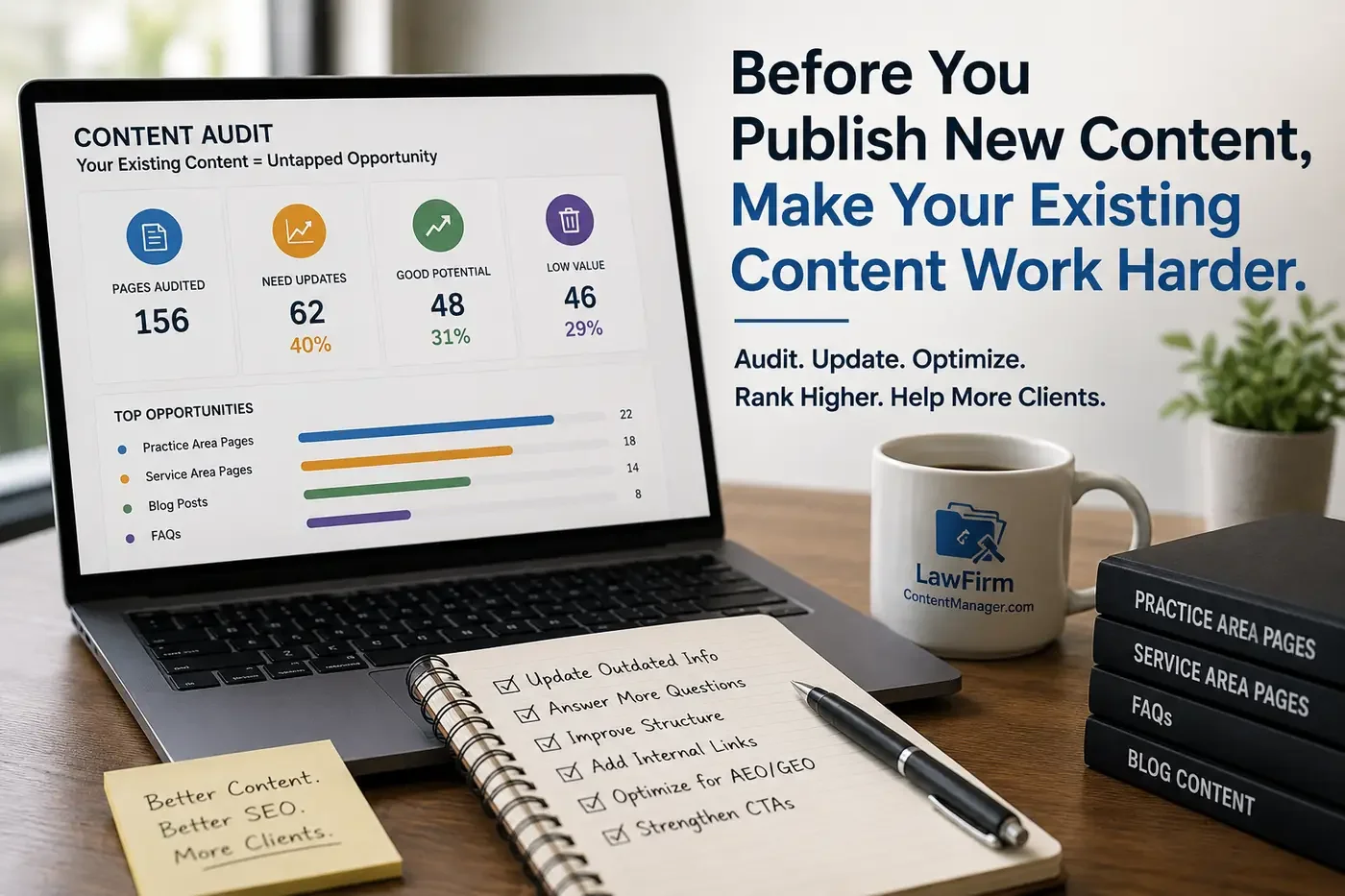 Law firm content audit dashboard showing opportunities to update practice area pages, service area pages, blog posts, FAQs, internal links, and AEO/GEO elements.