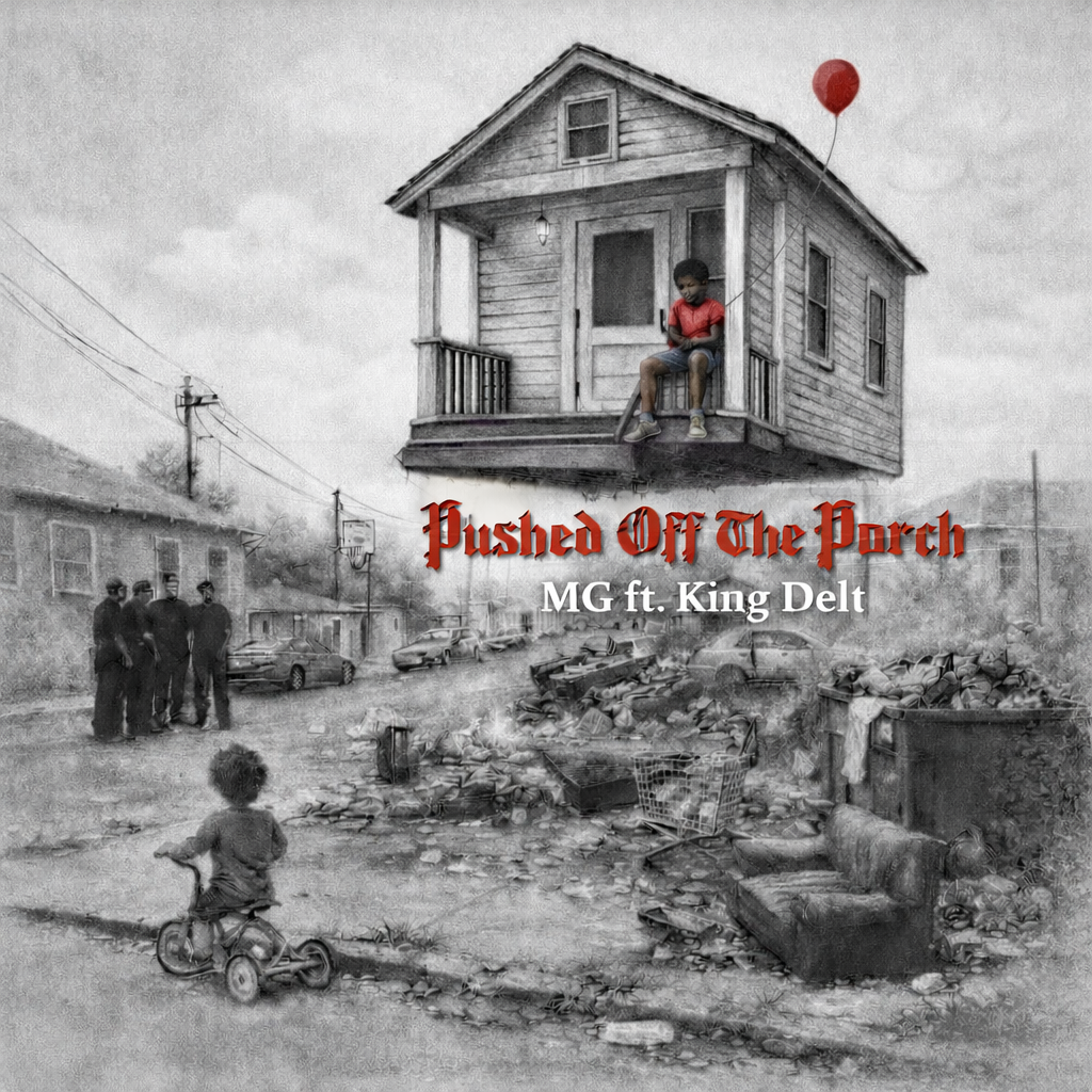 A black and white photo of a neighborhood street with police officers and a young child riding a bicycle. A house is floating in the sky with a red balloon attached to it. The image includes the text 'Pushed Off The Porch MG ft. King Delt'.
