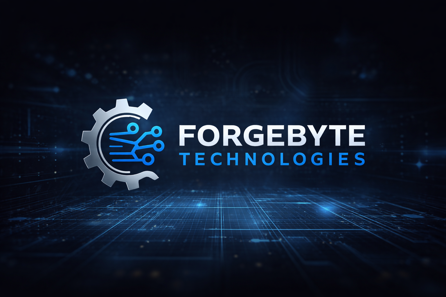 FORGEBYTE Technologies logo with a gear and circuit pattern over a digital blue background.