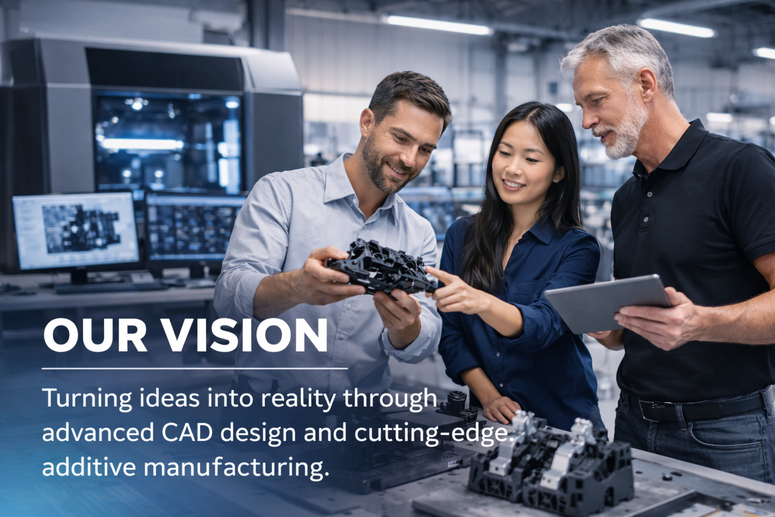 Three engineers reviewing a 3D-printed prototype in a high-tech manufacturing facility with computers and machinery in the background.