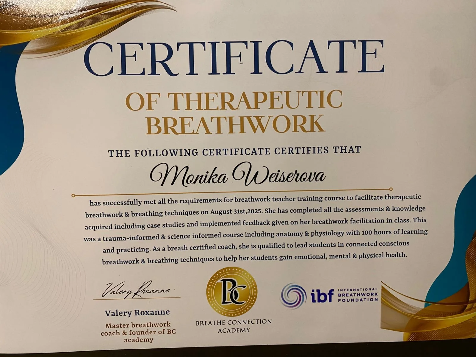 Certificate of Therapeutic Breathwork awarded to Monika Weiserova, issued by Breathe Connection Academy and International Breathwork Foundation.