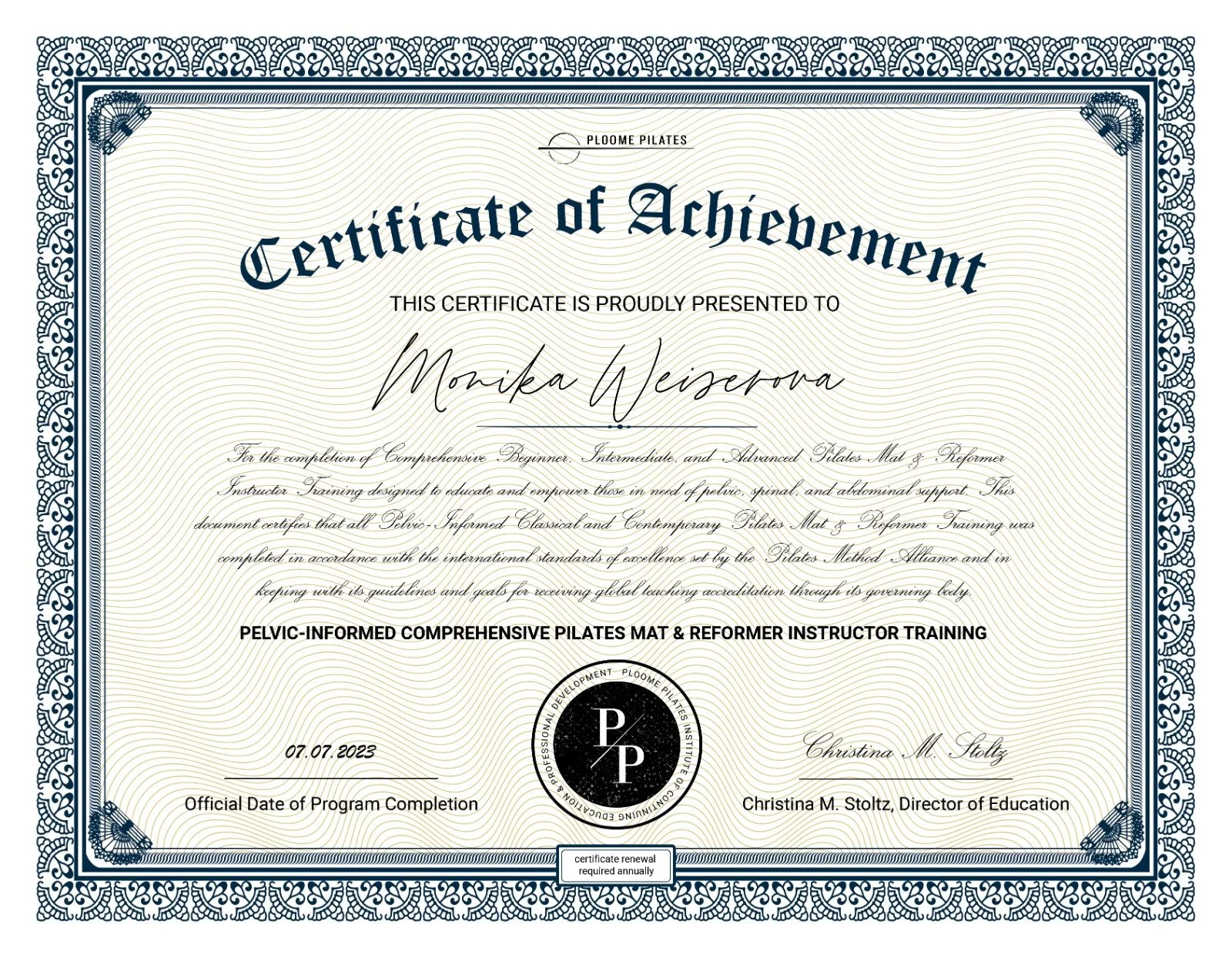 Certificate of achievement awarded to Monika Weizerova for Pelvic-Informed Pilates Mat & Reformer Instructor Training, issued by the professional development Plomee Pilates Institute, signed by Christina M. Stoltz, and dated 07.07.2023.