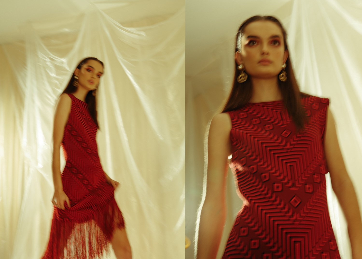 Fashion model in a red textured dress with fringe details, posing in front of a cream-colored draped fabric backdrop, with a close-up of her face and earrings in the right panel.