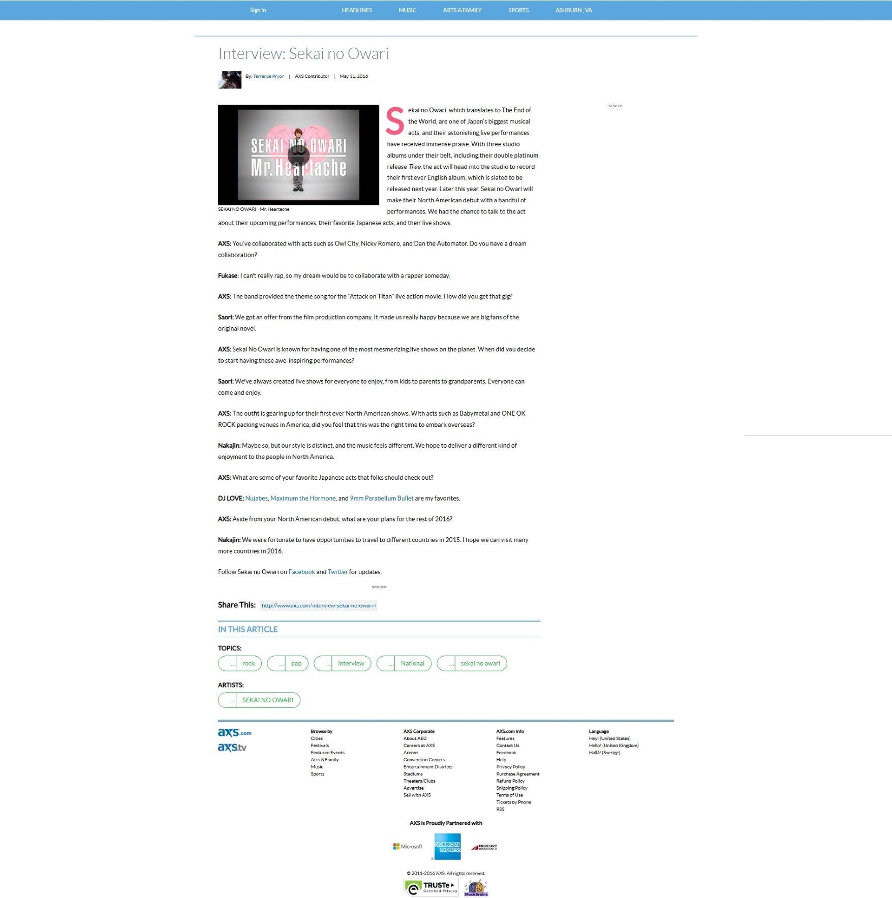 Interview with Sekai no Owari