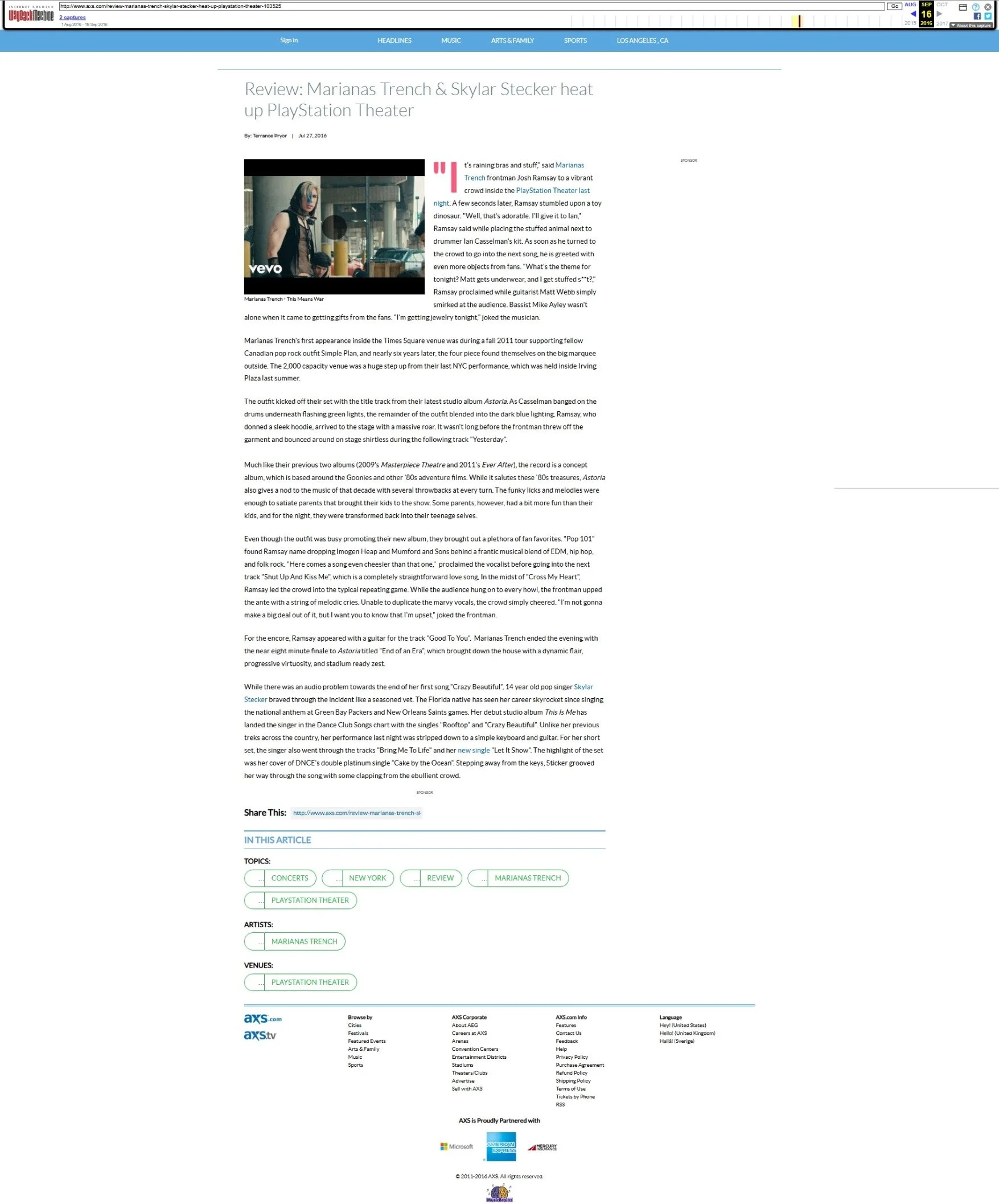 Marianas Trench, Skylar Stecker @ PlayStation Theater (2016)