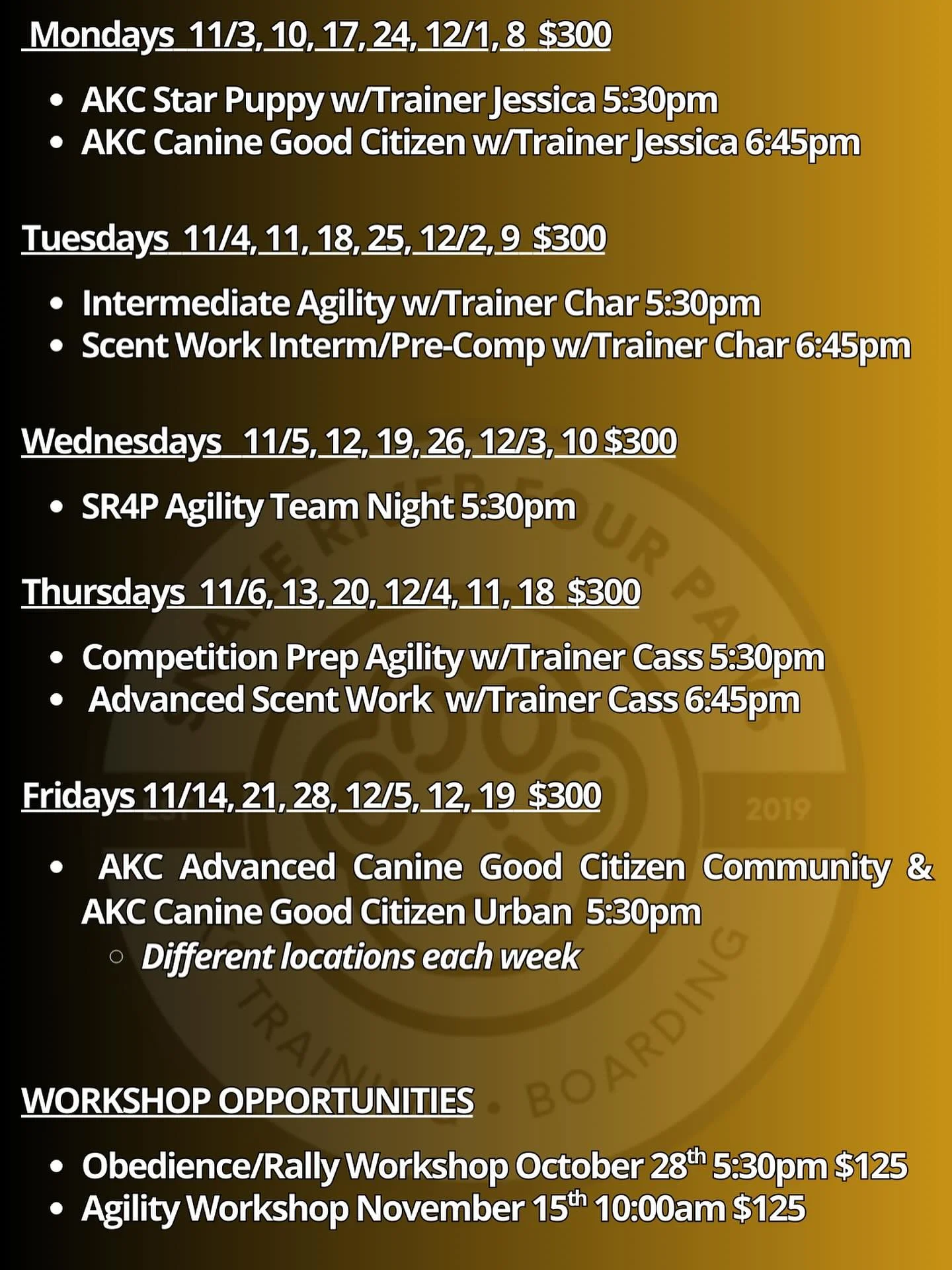 📣ENROLLING NOW📣 
First come, first serve for spaces available. Classes must be paid for at time of enrollment to guarantee your spot.

Come learn and have FUN with the Snake River Four Paws Team!
#sr4ptraining #sr4pfamily