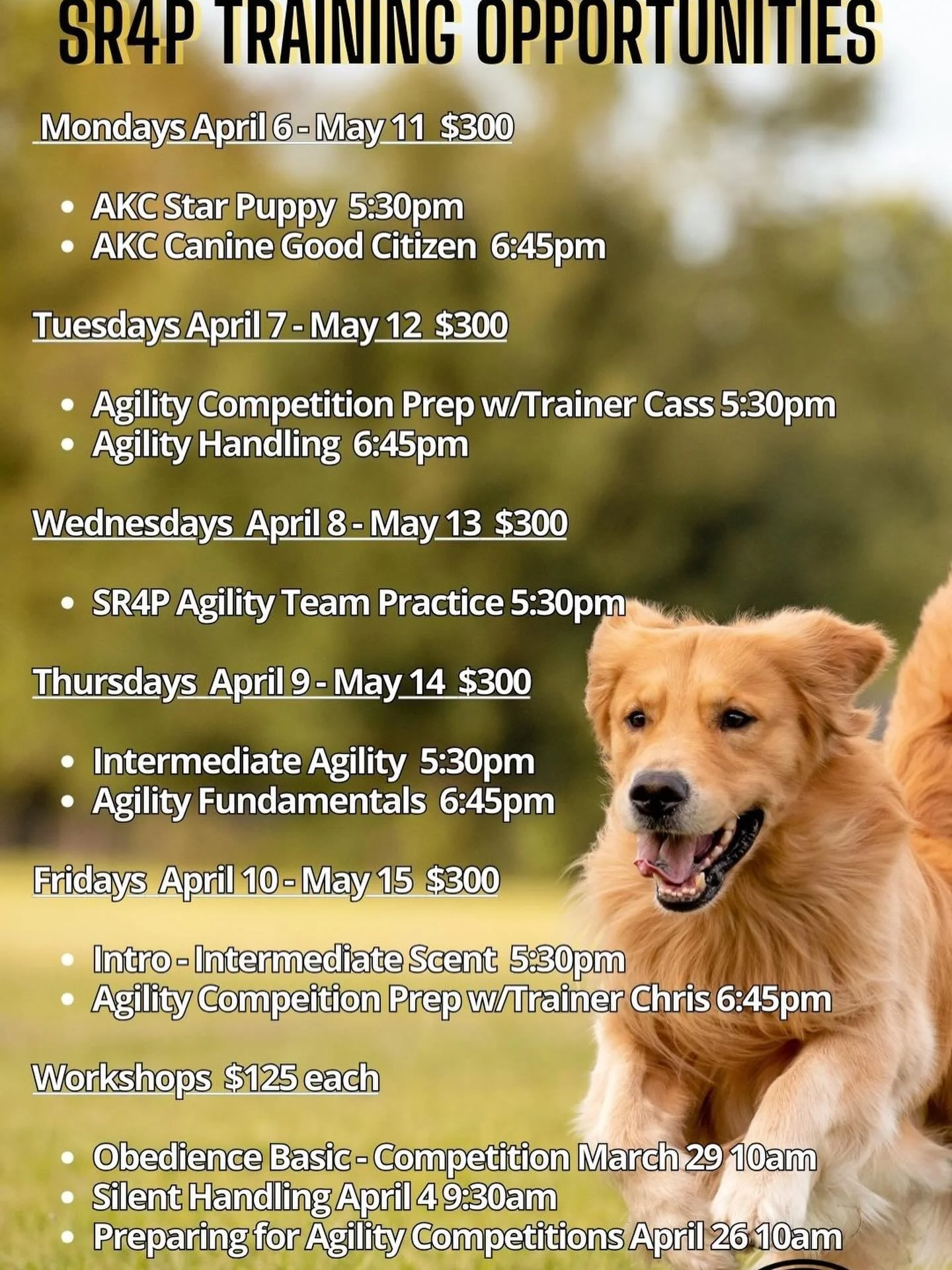 Time to grab those spring course spots!
Register through our website www.snakeriver4paws.com