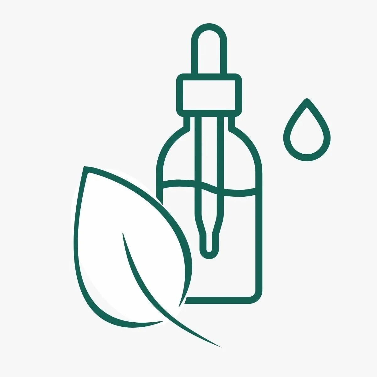 Illustration of a dropper bottle with a drop of liquid, a leaf, and a water droplet.