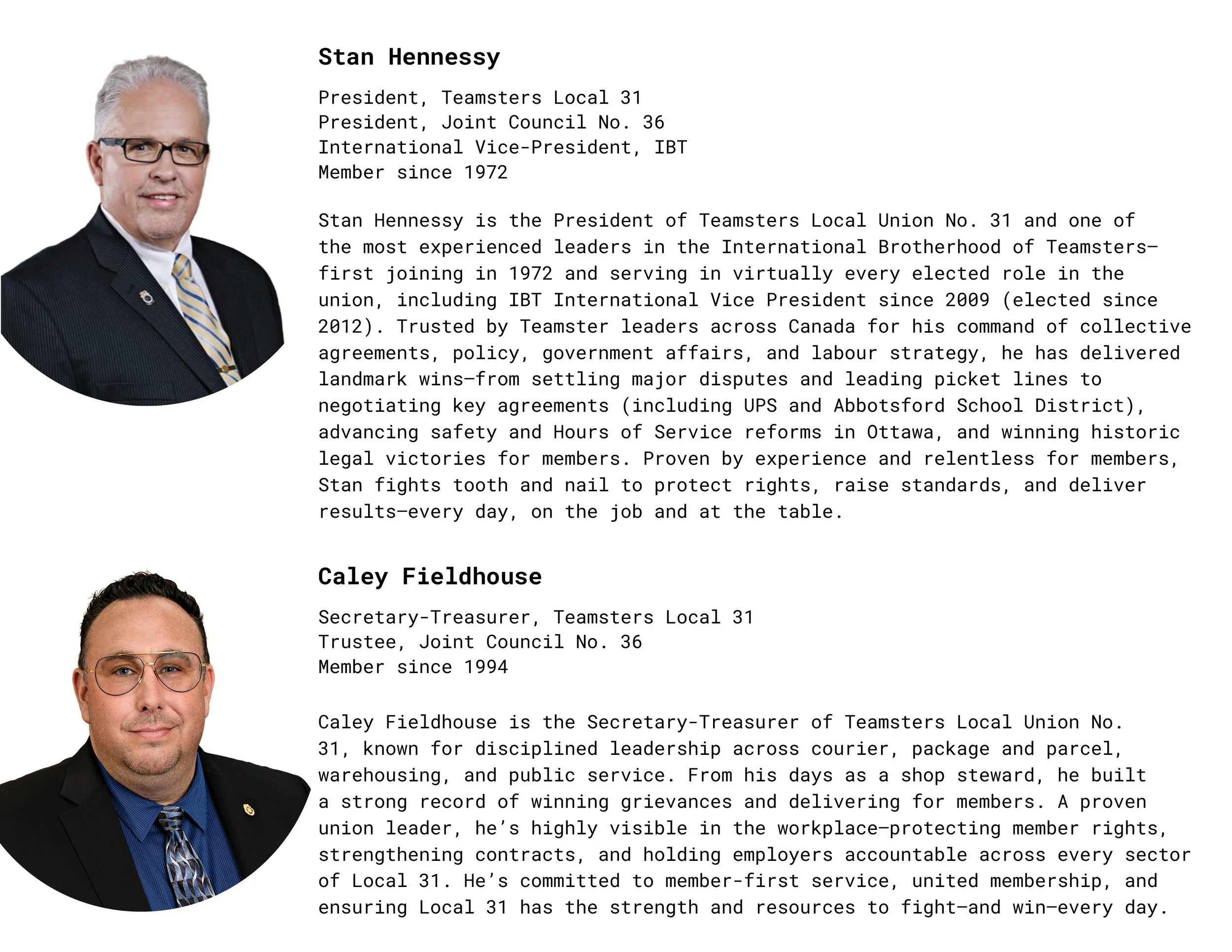 Photo of Stan Hennessy and Caley Fieldhouse with their bios, titles, and descriptions of their roles in Local 31.
