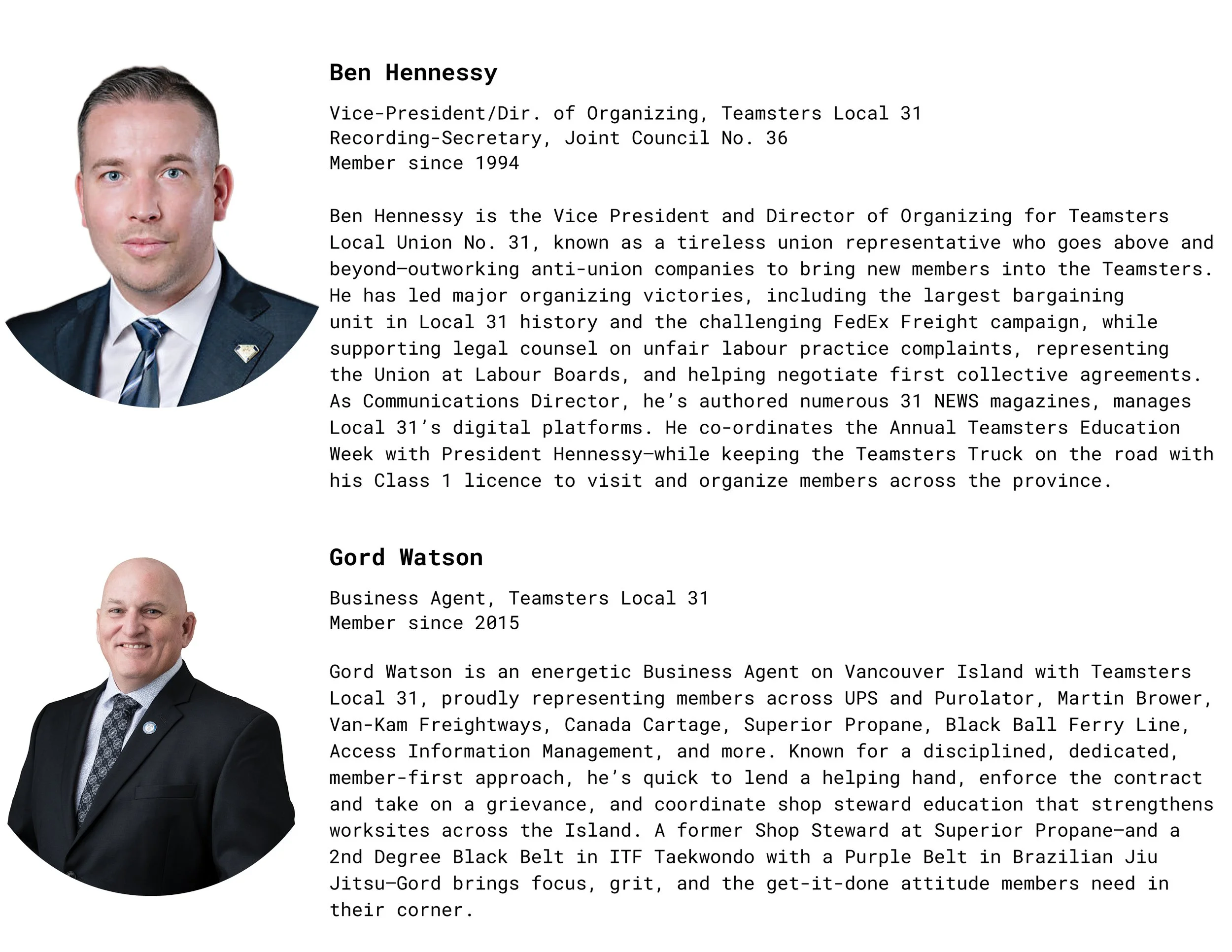 Professional bio page for Ben Hennessey and Gord Watson, featuring their photos and descriptions of their roles in Teamsters Local 31.