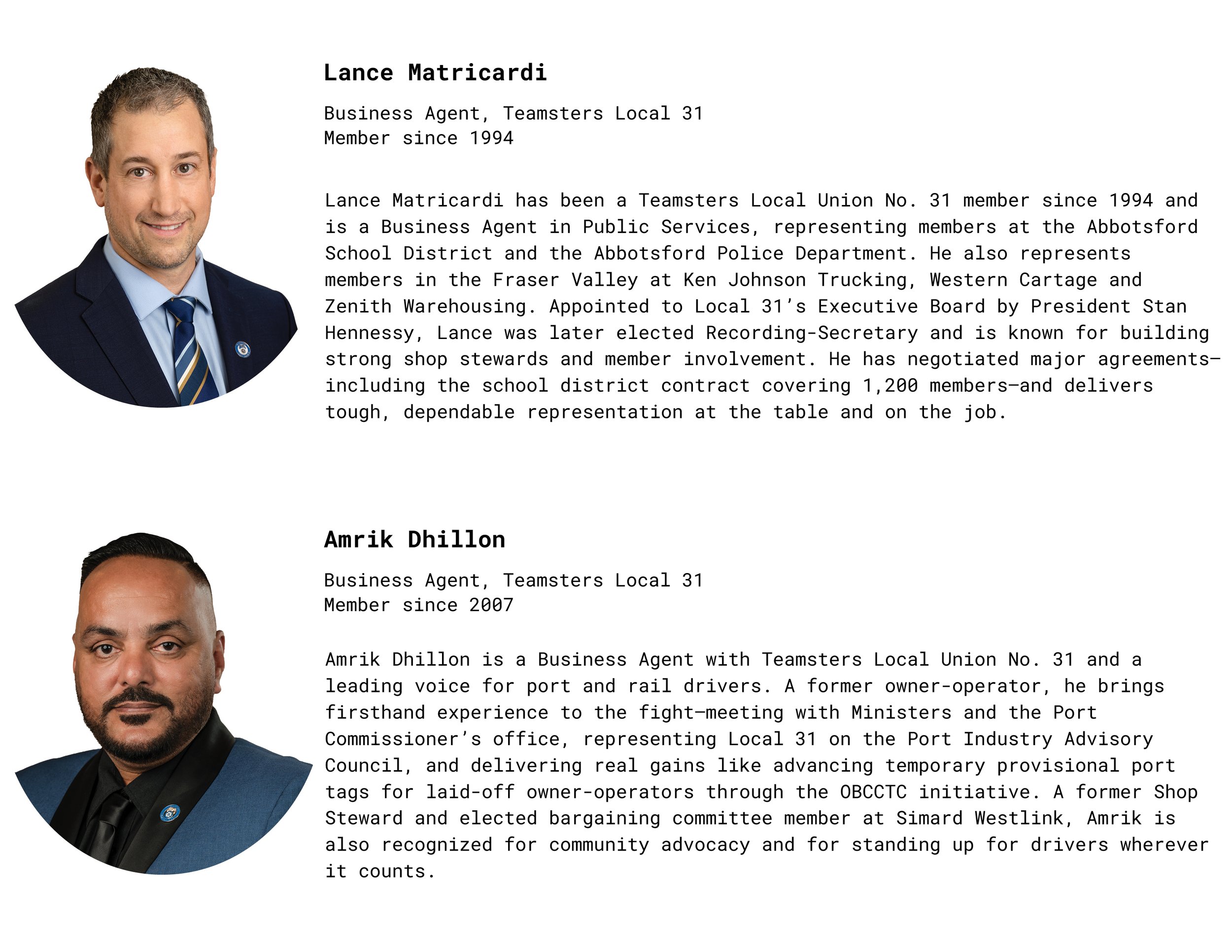 Two professional headshots of men with bios next to each. The first man, Lance Matricardi, has short brown hair and is wearing a navy suit with a light blue shirt and a striped tie. The second man, Amrik Dhillon, has short dark hair and a goatee, wearing a dark suit with a black shirt and a dark tie.