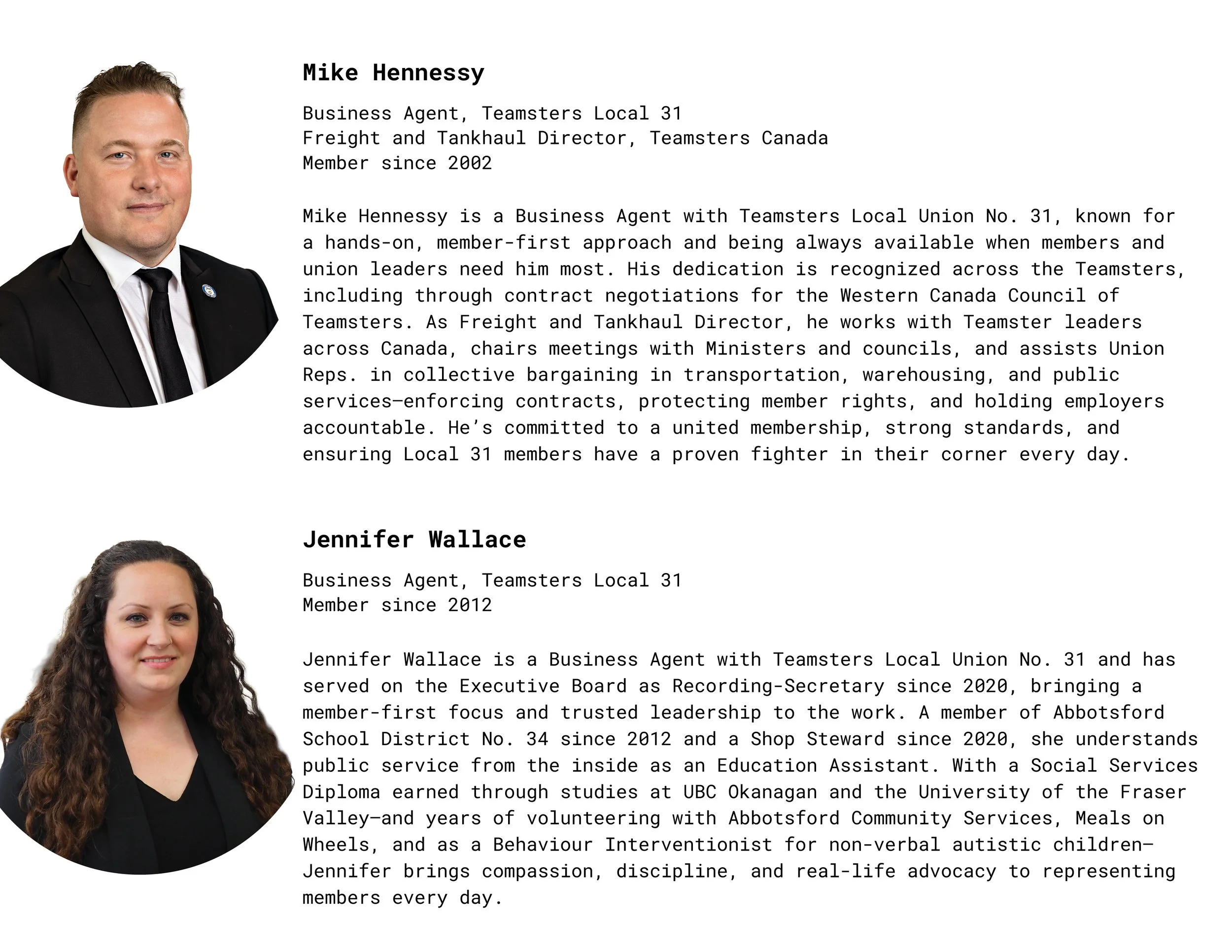 Professional profile of Mike Hennessy and Jennifer Wallace, both Business Agents at Teamsters Local 31, with their photos and biographies.