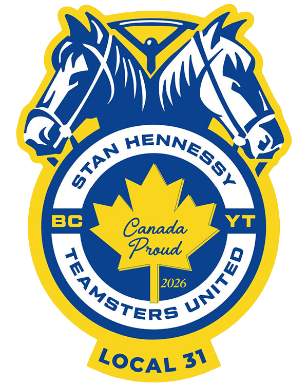 A logo for the Stan Hennessy Teamsters United Slate 2026, with the abbreviations 'BC', 'YT', and 'Teamsters United'. Inside the circle is a yellow maple leaf with a blue outline and the words 'Canada Proud'.