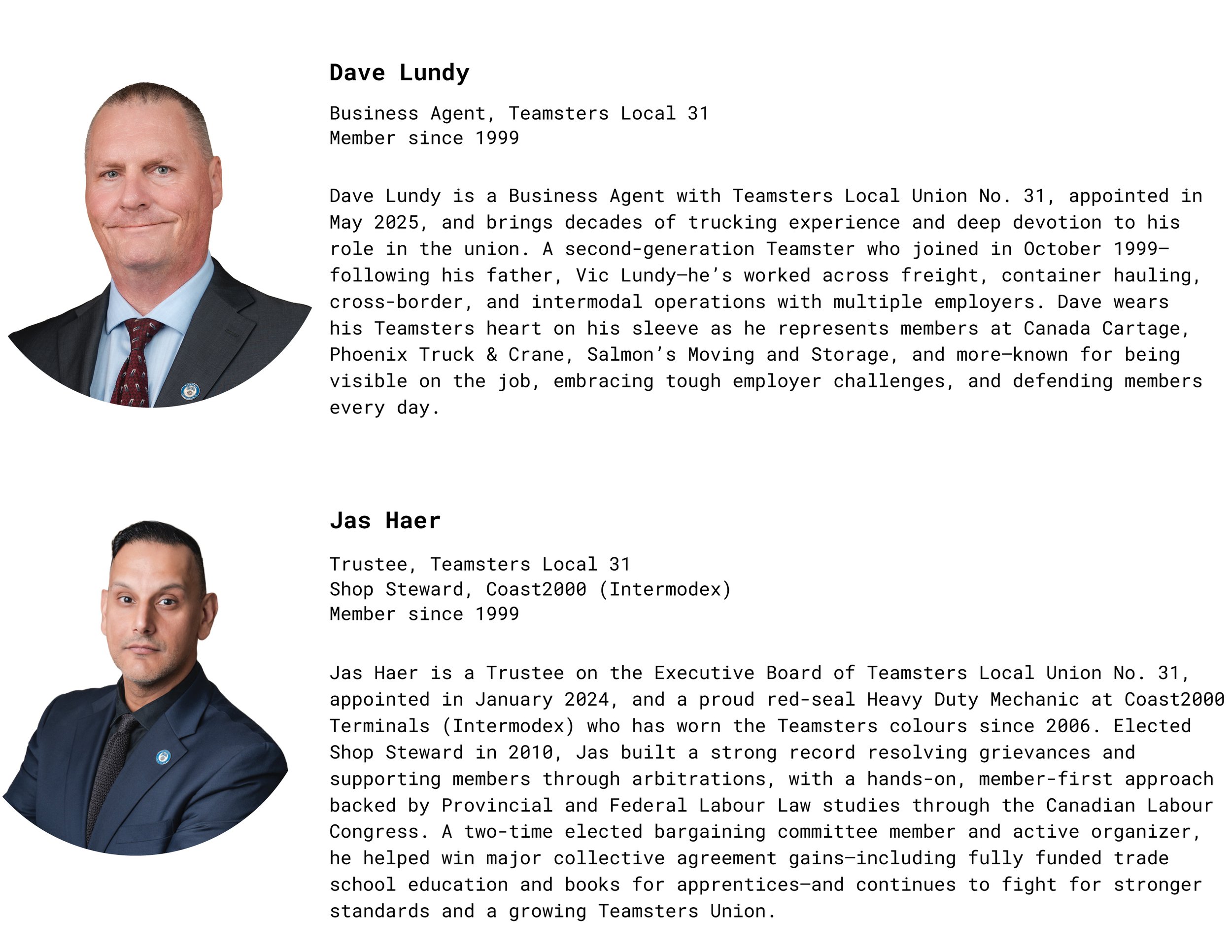 Profile page with photographs and biographies of Dave Lundy and Jas Haer, members of Teamsters Local 31. Dave Lundy is a middle-aged man in a suit with short hair, and Jas Haer is a man with short hair in a dark suit.
