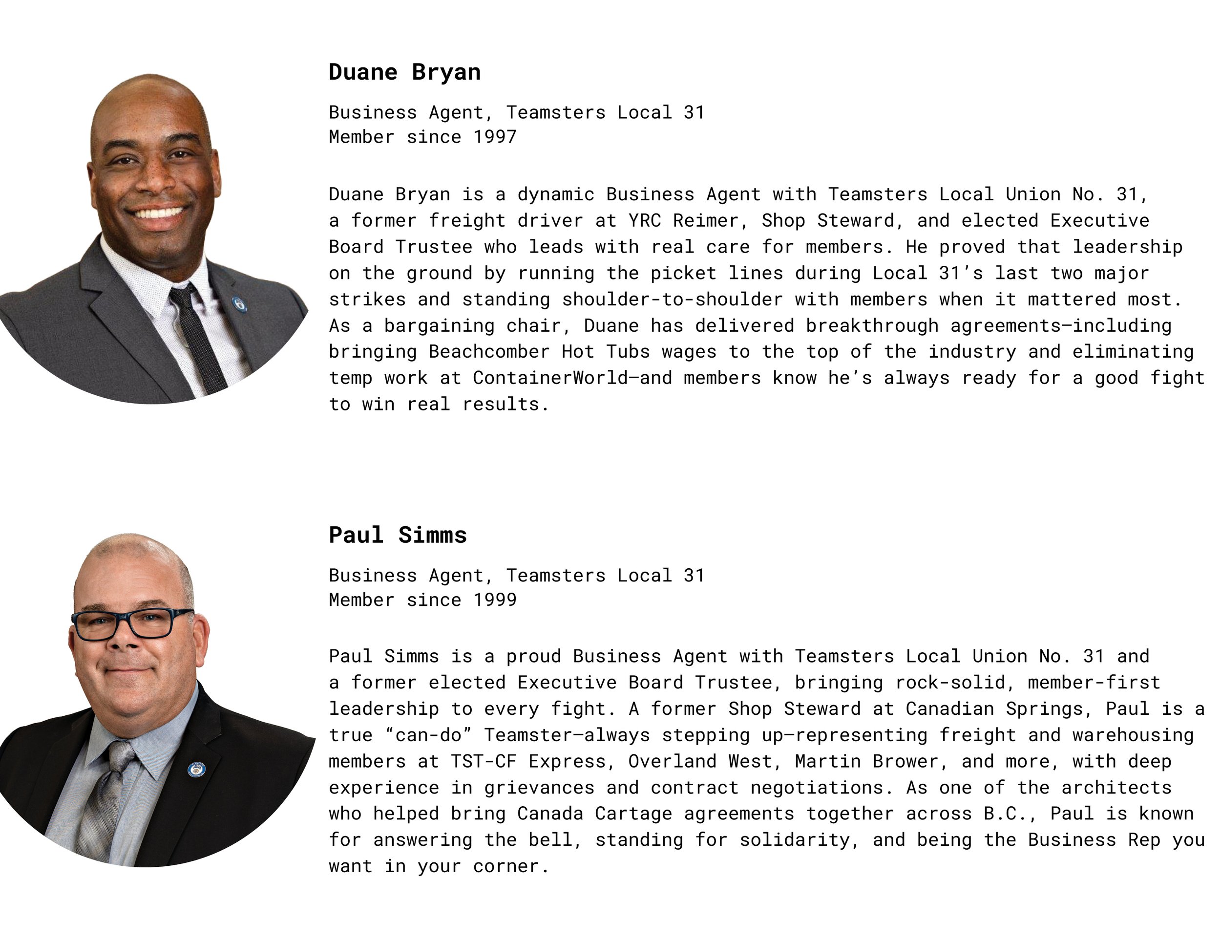 Two professional headshots with accompanying biographies. The first features Duane Bryan, a Black man in a suit smiling, with a detailed biography. The second features Paul Simms, a white man in a suit and glasses smiling, with a detailed biography.