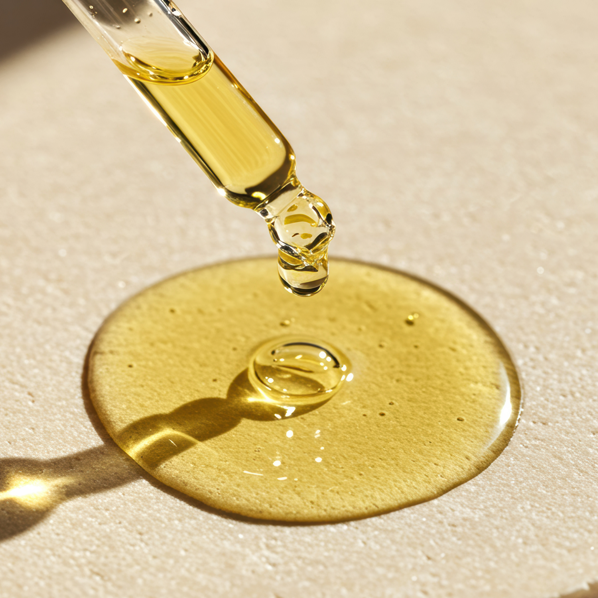 Close-up of a dropper releasing a drop of yellow liquid onto a beige surface, creating a splash and a small circular pool.