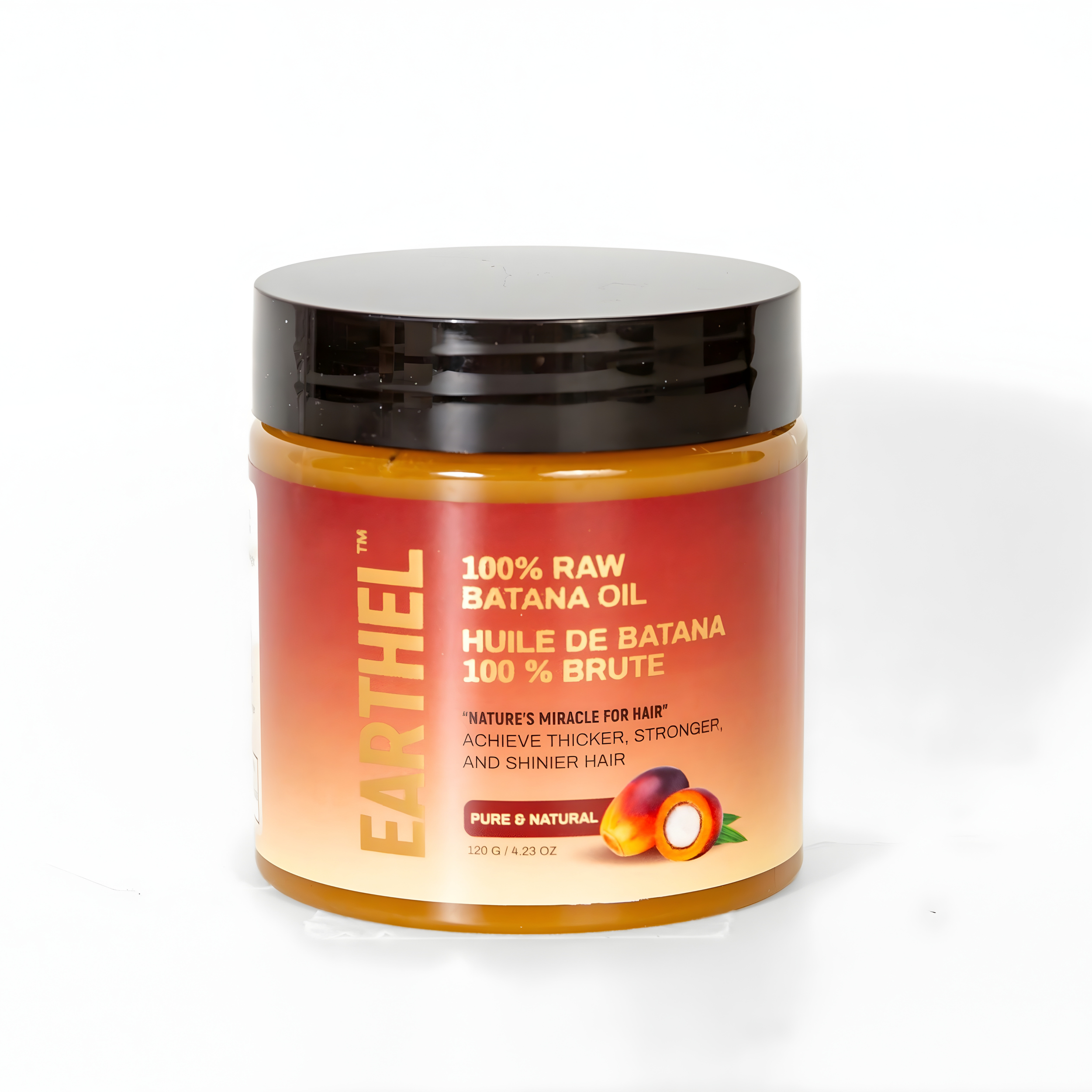 Container of Earthrich 100% raw betel nut oil with a black lid, featuring a red and orange label that shows a picture of a betel nut, and includes text about the product's benefits for hair.