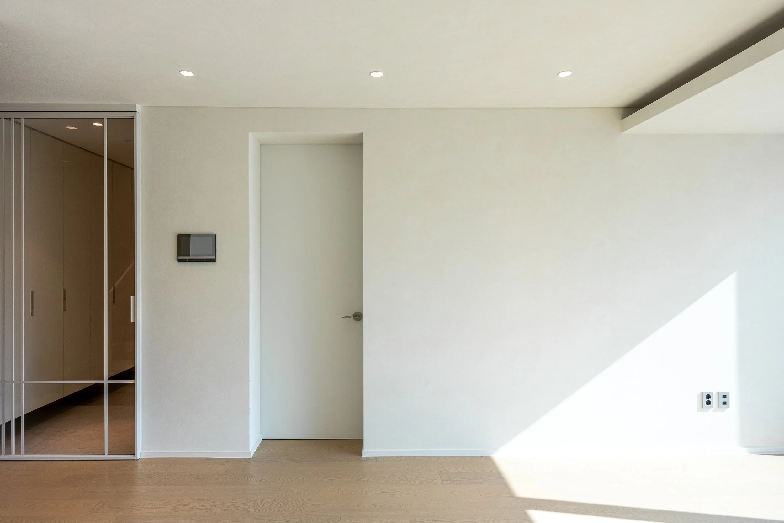 Modern interior with white walls, a closed door, wooden flooring, and ceiling lights, with sunlight casting shadows on the wall.